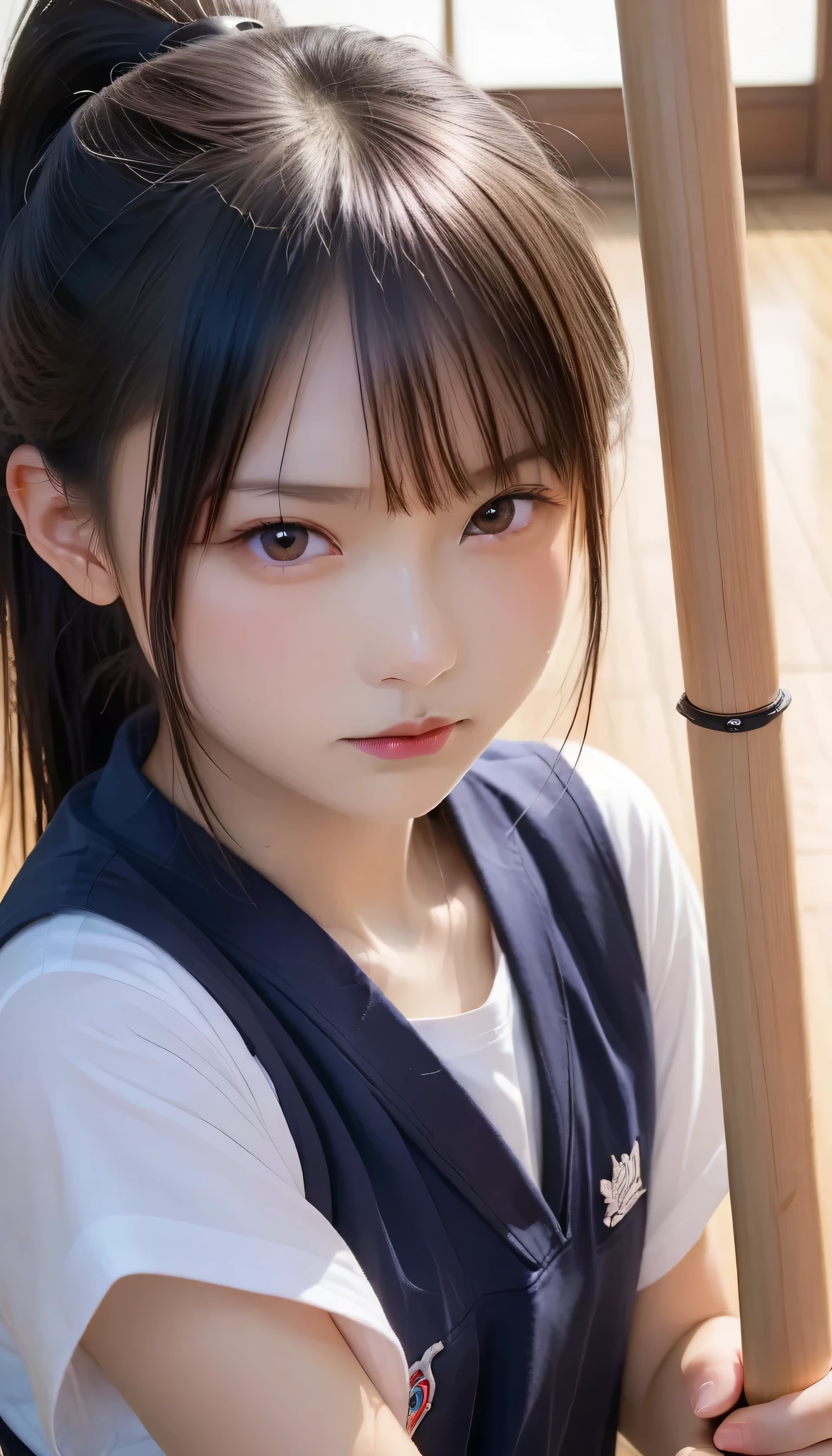 score_9,score_8_up,score_7_up,Highest,quality,Super Detail,absolute best resolution, A young high school girl practices in a dojo, wearing a black kendo uniform, a white dogi, skin glistening with sweat, a serious look, black hair in a ponytail, posture with a bamboo sword, the soft light of dusk, the dojo's shining wooden floor, a refreshing atmosphere