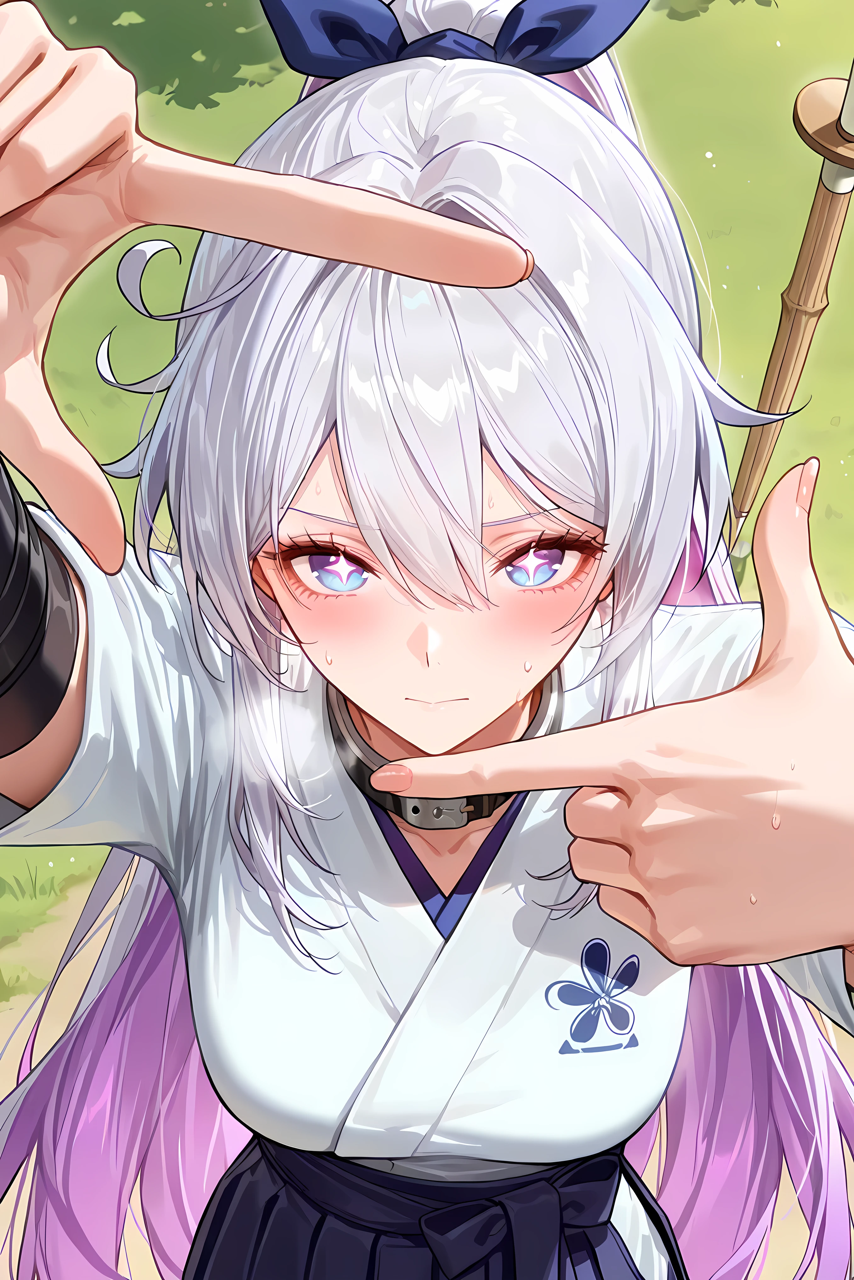 score_9, score_8_up, score_7_up, masterpiece, best quality, very aesthetic, absurdres, tunning image, attractive image, 1girl, adult grown woman, solo, kiana kaslana \(honkai impact 3rd\), herrscher of finality, white hair, ahego, high ponytail, long hair, blue eyes, purple pupils, symbol-shaped pupils, +_+, medium breasts, heavy breathing, closed mouth, masterpiece,best quality,amazing quality, noona, ero404, perfect eyes, alternate costume, white kendo gi top, navy hakama, shinai bamboo sword carried casually, protective kote gloves tucked under arm, light sweat on collar, ribbon tied loosely around waist, subtle aura of determination, finger frame, 5 fingers, close-up, looking at view,