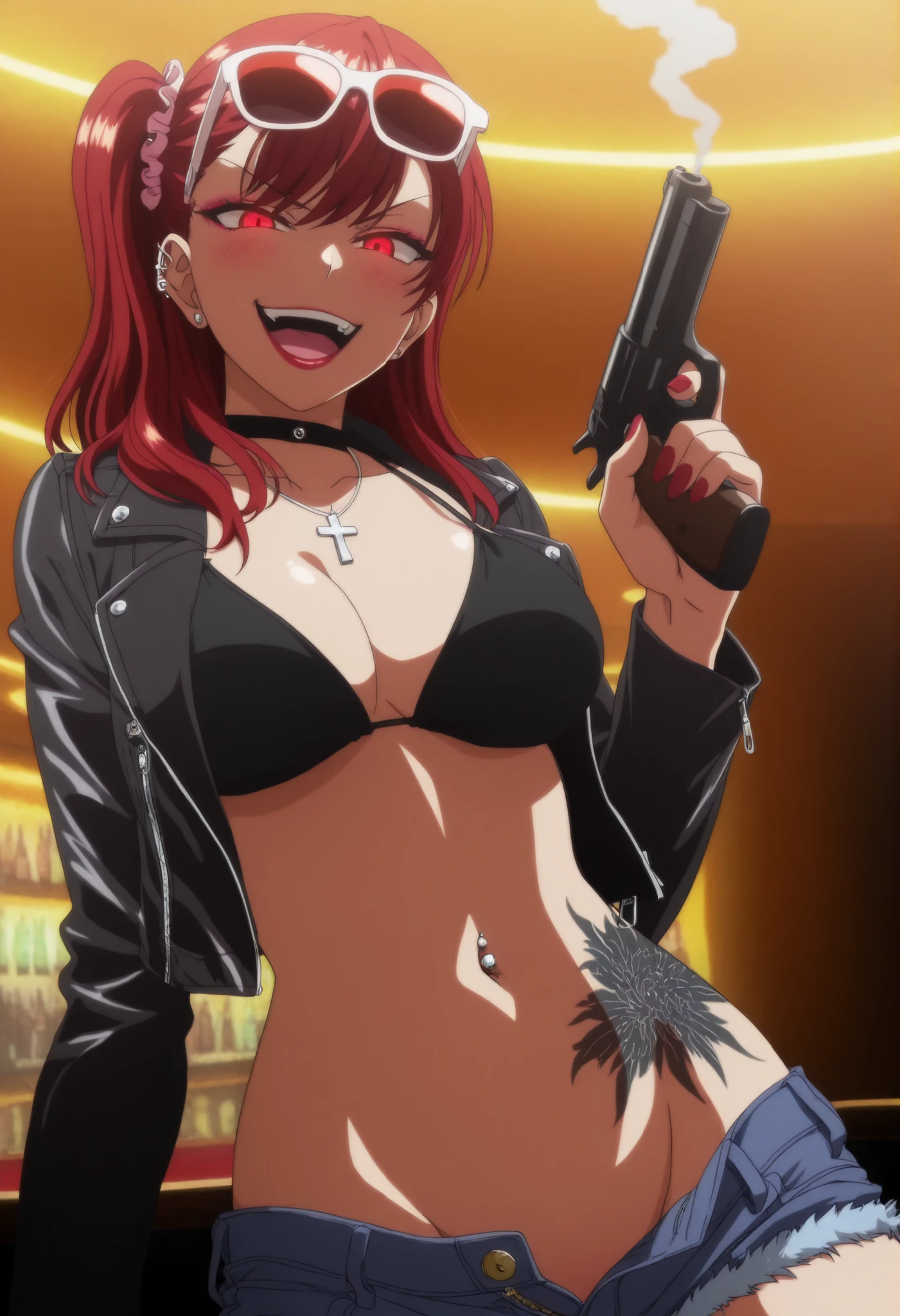masterpiece, best quality, amazing quality,,  izumi nogami, red hair, one side up, medium hair, scrunchie, red eyes, mature female, , makeup , nail polish, ear piercing, long hair, blush, lipstick,Hot girl, baddie, smoking, sensual, attractive, cross necklace, choker,, bar background, inside bar, indoors, cityscape, casino, nightclub, city lights,,masterpiece , best quality , highly detailed , a girls with a gun , evil smile , open mouth , sexy gaze , badass pose , evil smile , smile , (nsfw) not safe for work , guns blazing , anime girl with long hair , beautiful long haired girl , navel , evil expression , exposed belly , exposed navel , exposed midriff , exposed lower belly , , cleavage , unbuttoned shorts , open fly , shorts , short shorts ,, leather jacket , holding a gun , holding pistol , unbuttoned shirt , collared shirt , knot , pull_down shorts , black short shorts , (show off panties , :1 . 2 , no panties) , zip up leather jacket , bikini top ,,, navel piercing, sunglasses on head,,, shoulder holster, medium  breasts, waist dragon tattoo, narrowed eyes, tattoo waist, , anime screencap , anime coloring, looking at viewer , v-shaped eyebrows,