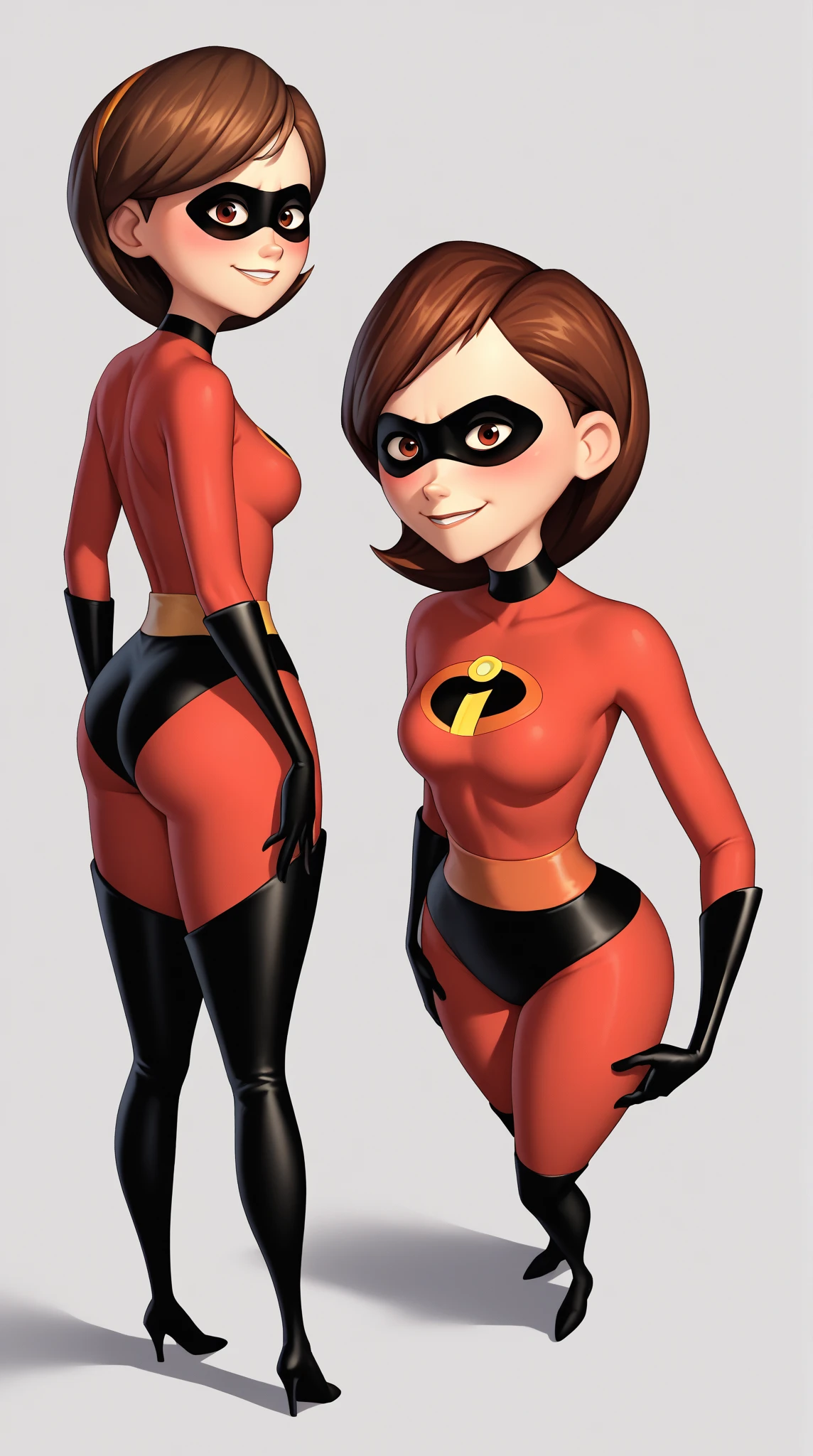 (multiple views:1.1), <lyco:multiple views:1.1>, photo of a helenparr, <lora:helen:0.6>, 1girl, solo, short hair, brown hair, gloves, brown eyes, bodysuit, mask, superhero, domino mask, standing, hourglass figure, simple background