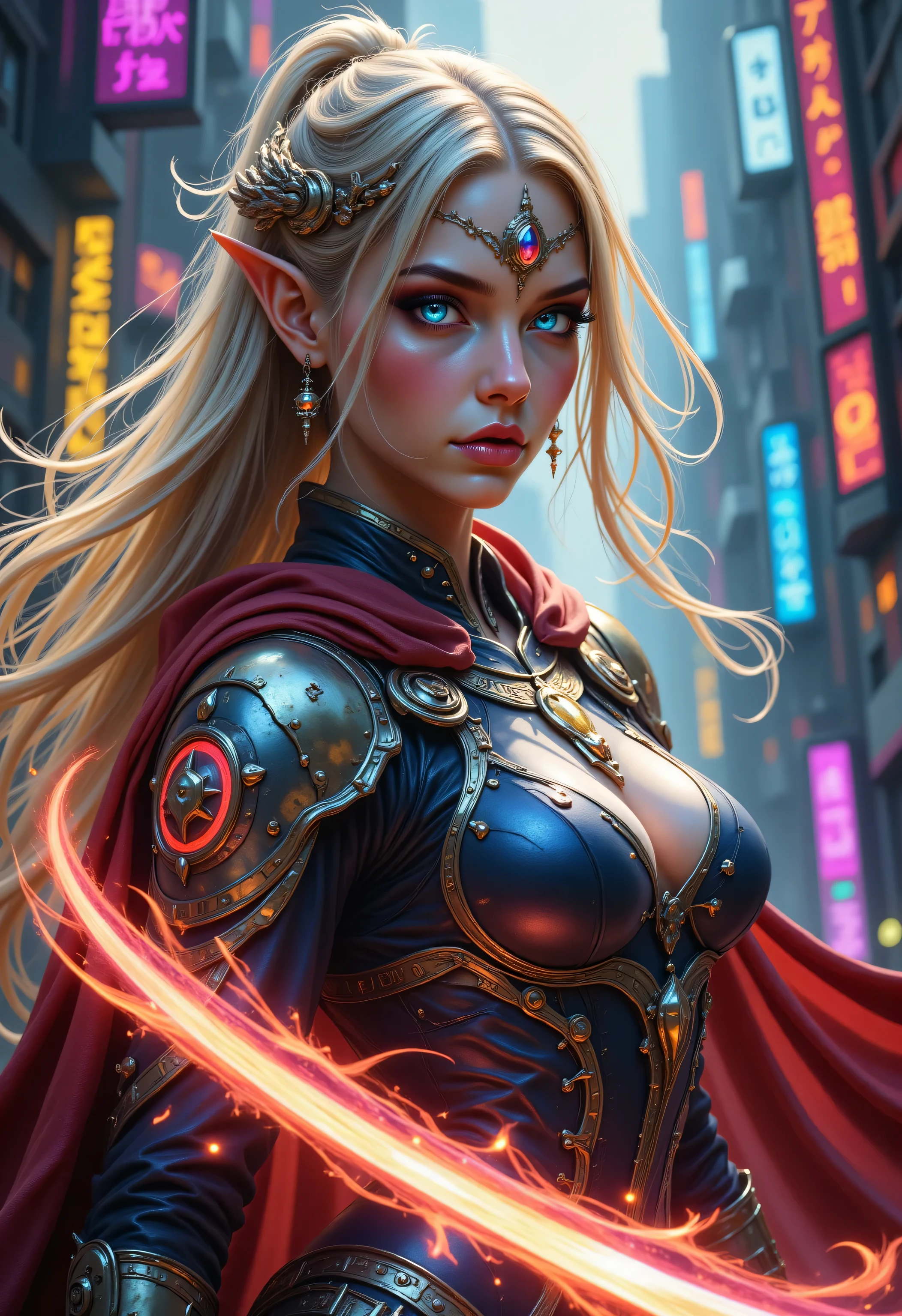 FntsyPstlCE style,Colorful,a portrait of a female elf (intense details, Masterpiece, best quality) fantasy cleric, fantasy celestial guardian, armed with a holy symbol, shinning holy symbol, metallic shine, an ultra wide shot, full body (intense details, Masterpiece, best quality)epic beautiful woman, blond hair with red highlights , rich hair, glowing eyes, action shot, colorful magical sigils in the air, colorful divine markings floating, holding a holy symbol (intricate details, Masterpiece, best quality), fantasy magical urban street  in elven city (intense details, Masterpiece, best quality), multi colored cloak cloak, long cloak, orange armor, sense of daring, sense of adventure, high details, best quality, 16k, [ultra detailed], masterpiece, best quality, (extremely detailed), dynamic angle, ultra wide shot, photorealistic, RAW, fantasy art, dnd art,fantasy art, realistic art