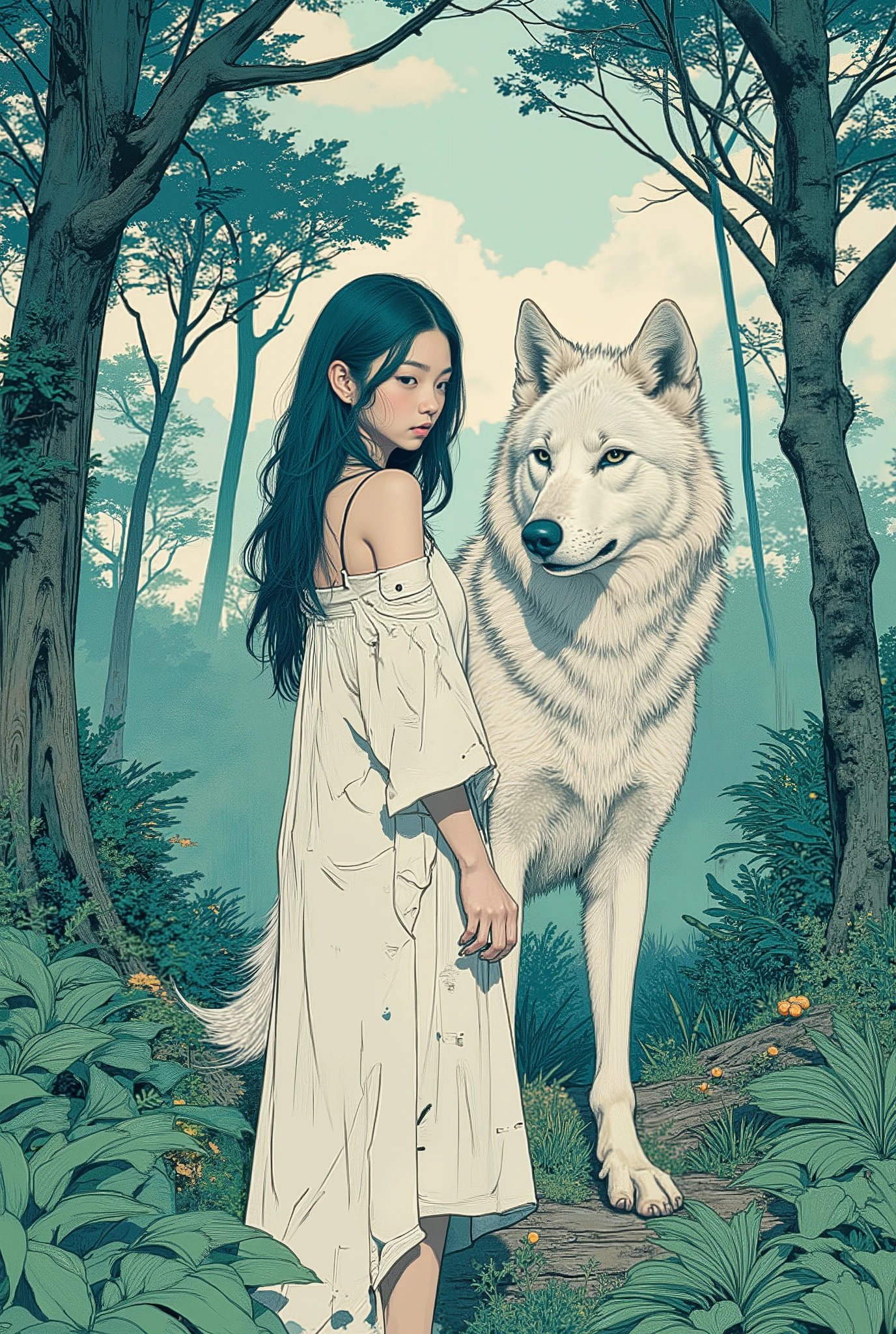 patterned, S1n0z1ck style, anatomically correct, (masterpiece, best quality, ultra-detailed line art, high resolution illustration), vector art, vector illustration,
a beautiful girl, standing barefoot in a lush green forest at dawn, surrounded by fresh greenery, full body shot,
wearing a simple white one-piece dress, long loose hair flowing naturally,
a large majestic white wolf standing by her side, protective and calm presence,
early morning light, soft mist, gentle rays of dawn shining through the trees,
serene expression, tranquil atmosphere,
realistic line art style, ultra fine ink lines, elegant,
subtle shading, natural vivid green tones, artistic composition,
HD, 8K, cinematic, poetic and refreshing mood