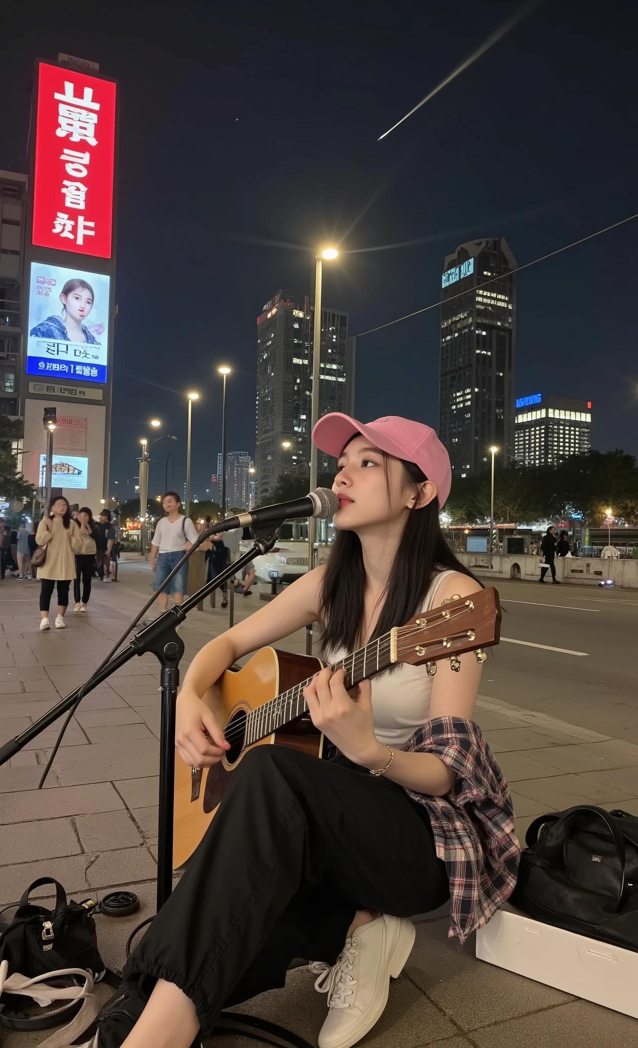 hyperrealism, masterpiece, Visualizer, Sheet music, music. making musical symbols around the city, 다섯 줄의 music, A young Korean girl in her late teens singing on the streets of a dark night city. girl with long black hair, Hot pink ball cap hat, White sleeveless crop top , wearing a loose-fit plaid shirt, old and torn loose-fit black cargo pants, Wearing old white Ugly sneakers in high heels and sitting and singing on a guitar. stand microphone, Sound device, lights illuminate the girl, A singer songwriter wearing a headset is singing while playing a guitar. with small sound equipment next to it, The girl's backpack is lying down and, stand microphone 앞에 앉아, 소녀가 앉아서 노래하는 동안 수많은 작은 music 음표와 수많은 작은 음표가 시각화되어 날아다니며 화면을 날아다니는 환상적인 장면, 수많은 음표와 Sheet music가 어두운 밤 반딧불이처럼 빛납니다. In the background, you can see people walking down the street, In the background, you can see tall buildings in the city at night. Little cute street cats looking at a girl singing, girl singing a song more true than money, pure and authentic musician, poor musician, dynamic screen configuration, Dutch angle, Dutch angle. Wear a super low angle, Close-up of the expression of a girl singing a, Starry night. song after a shooting star falls in the sky.