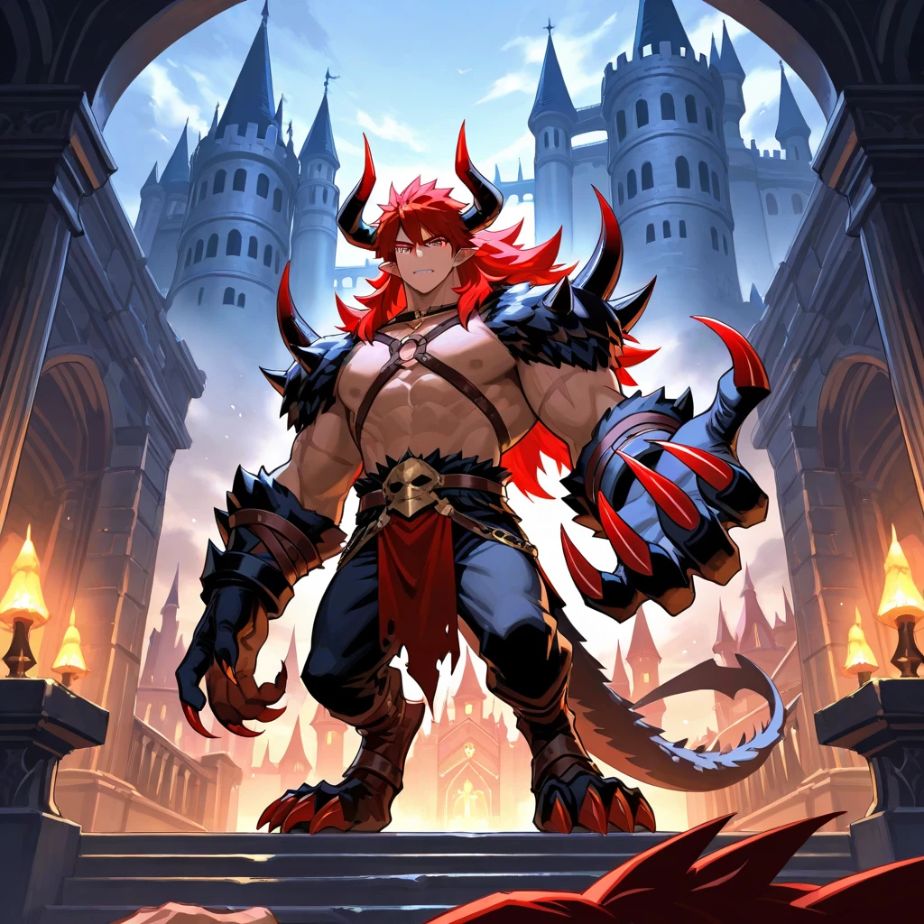 solo, breath (ultra detailed), a beautiful and detailed full size portrait of a male anthro batzz, demon lord dragon batzz, dragon tail, green eyes, detailed eyes, black body, black skin, long hair, red hair, horns, scar, tail, bedroom eyes, detailed eyes, big body, sexy body, (wide body). goddess, kenket, Ross Tran,ruan jia, trending on artstation,foxovh, cenematic lighting, buff, big pecs, muscular anthro, spike arms, strong legs, looking at viewer, ((big pecs, , big pecs, black shirt, blue shorts, bulge))), day, wet, front view, standing, arms behnd head, open mouth, blush, smile, ruins, interior, raining,
