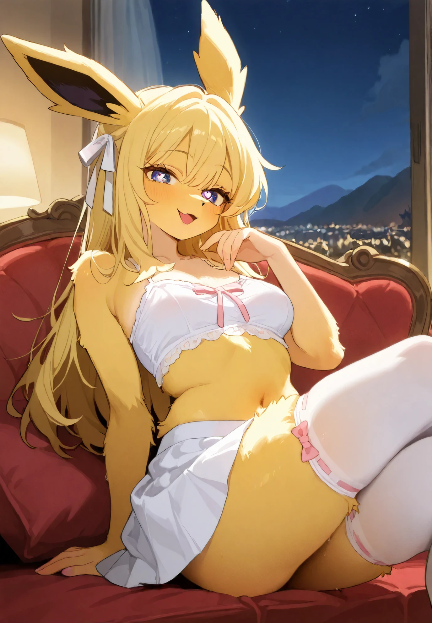 Source_furry, 1girl, solo, Jolteon, pokemon, anthro, detailed fluffy fur, (yellow fur and skin), long hair, heart shaped pupils, white skirt, white thigh highs with ribbons, white crop top, sitting on a couch, seductive , sexy pose, alluring atmosphere, night time, mountain cottage, cinematic lighting, BREAK, masterpiece,top quality,warm color,high resolution,high fashion,absurdres extremely,vivid colors,intricate details,best quality,amazing quality,very aesthetic,newest,ultra-detailed,nsfw,