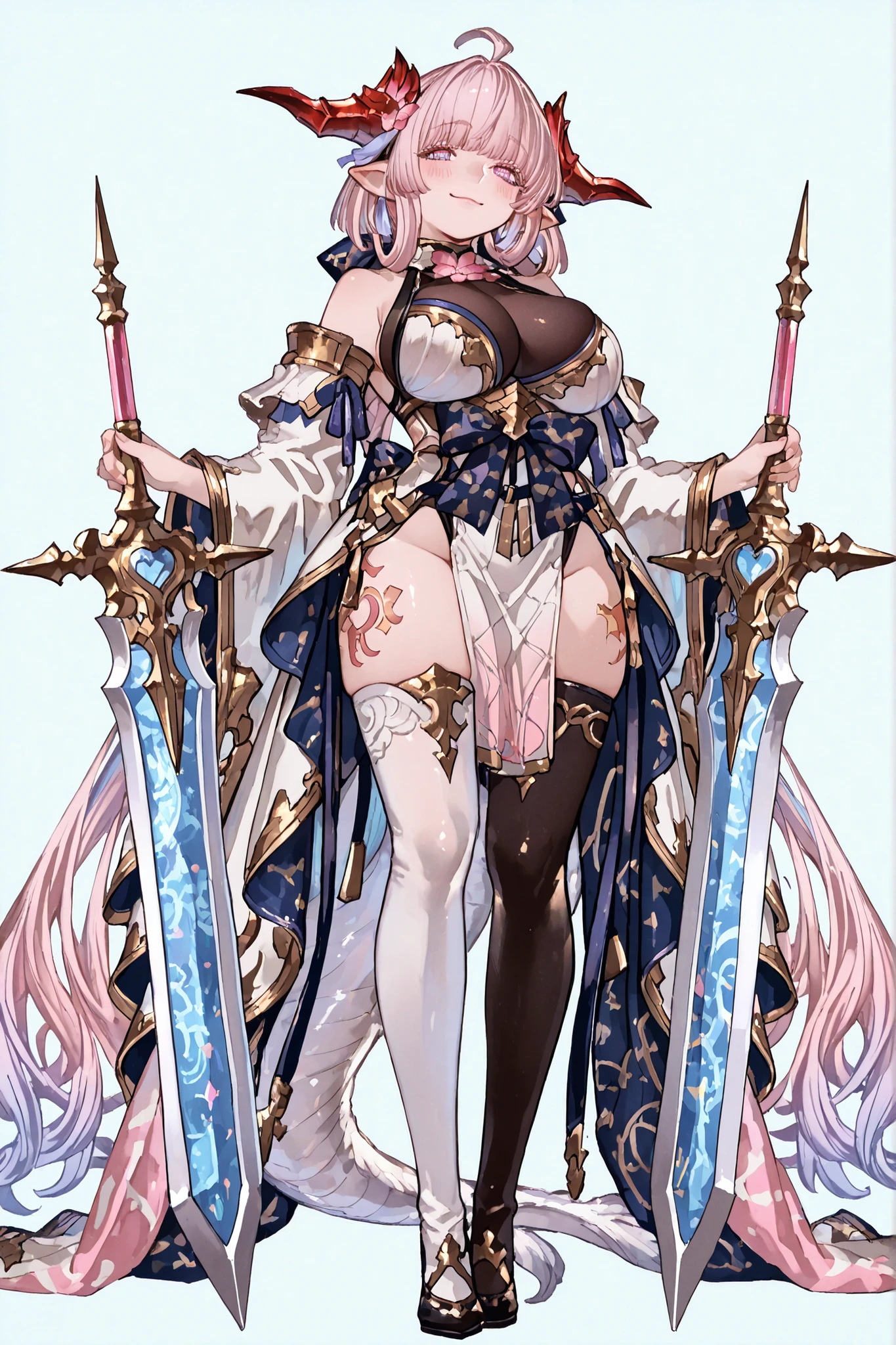 8k wallpaper、 top quality 、masterpiece、 748cm スThailandル 、 woman 1 person 、ribbon 、 pantyhose、 black knee socks 、 strap 、 Thailand、 skirt、 pantyhose、、 white hair with blue lines、pink albino eyelashes 、 long hair、 Underbob 、blue eyes with pink pupils、 Pretty pink Eyes、 golden tattoo on the hips、Protruding thighs 、 very big breasts 、 Light blue background 、fullbody, head to toe, simple background、smile、 mommy, thin body, long legs, high detail, standing up, making a cute pose with her hands, pointy ears, blush on her cheeks, cute Wamdus dress with alot of detail, red horn, ,facing at the camera, fullbody, head to toe, showing feet, granblue fantasy wamdus, pelvic curtain dress, sidboob dress, back mermaid tail dress, detailed design, #Anime
#Character Wamdus, #Game Character, #granblue fantasy, gbfwam, long pink hair with pastel lavanda on the tip, animal ears, ahoge, lavanda eyes, + Chichiri Granblue Fantasy +, pink flower-shaped pupils, wamdef, white and pastel blue dress with Gold details with pink and pastel lavanda colors, bare shoulders, sleeveless, waist bow, open coat, gold trim, detached sleeves, wide sleeves, long legs, pelvic curtain, white thighhighs with patterns, dress with patterns., holding a sword, long slim model legs and body, milf girl, very long white tail of the dress with alot of layers of fabric.