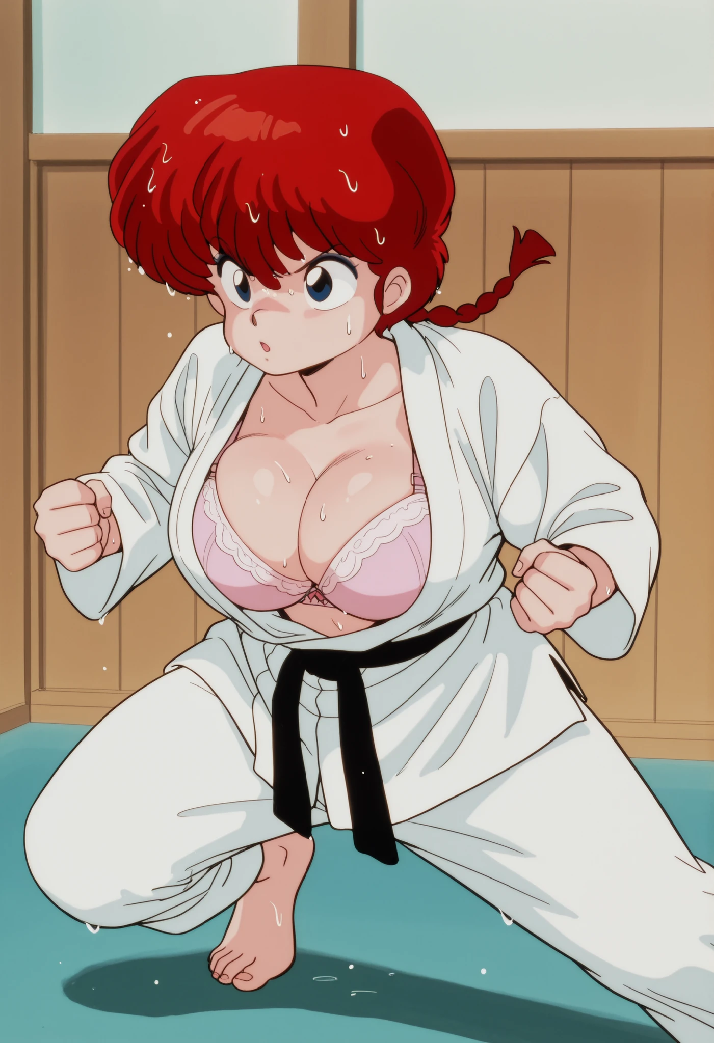 1 girl, alone, Ranma Saotome , cabello rojo, braided hair, blue eyes, big breasts, NSFW, karate, Training, escote profundo, breasts over full, bursting breasts, sweating, sweat, vapor corporal, misaligned hair, wet hair, martial arts training, Thrown hits, Dynamic movement, movement effects, breast bounce, barefoot, babies, open neck, pink and white bra,