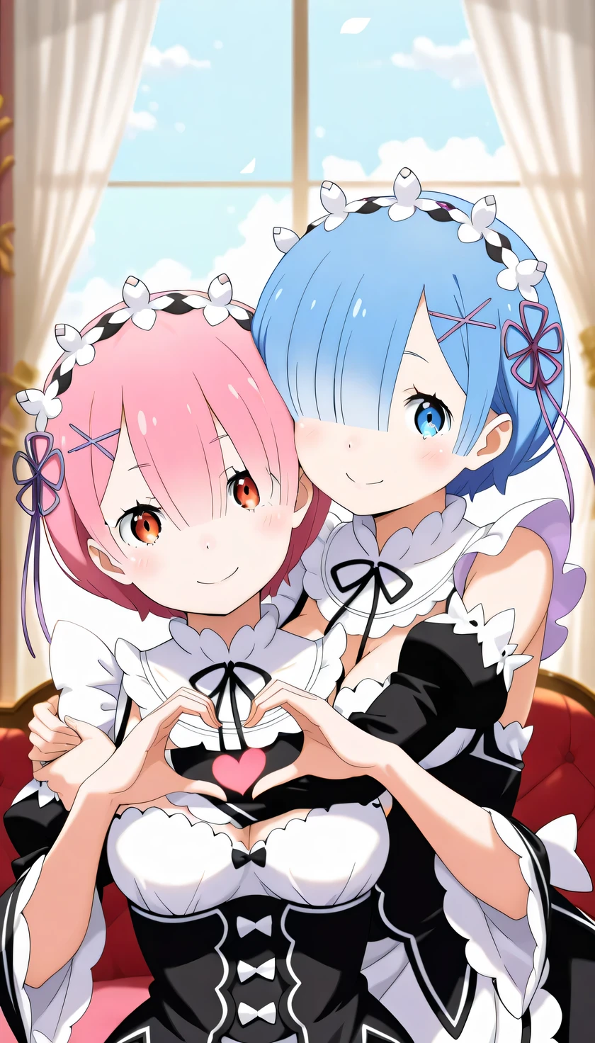 (Two women put their hands together to form a heart:1.5), heart hands duo, {{{masterpiece}}}, (best quality:1.5), (ultra-detailed:1.5), {illustration}, {{an extremely delicate and beautiful}}, (beautiful detailed eyes:1.6), absurdres, highres, extremely detailed face, 16k, hd, visual anime de uma jovem mulher, extremamente bonito rosto de anime, anime melhor garota, (perfect hands, perfect anatomy), (five fingers:1.1) anime face, AND, rem (re:zero), phRem, cute face, blue hair, short hair, hair over one eye, (blue eyes:1.3), hair ornament, x hair ornament, flushed cheeks, big breasts, thin waist, big hips, curvaceous, AND, ram(re:zero), cute face, pink hair, short hair, hair over one eye, (red eyes:1.4), hair ornament, x hair ornament, flushed cheeks, medium breasts, big hips, curvaceous, BREAK, maid, {roswaal mansion maid uniform}, tailcoat, detached sleeves, black sleeves, black ribbon, (apron:1.2), black skirt, thighs, BREAK, cute face, (smiling:1.2), looking at viewer, mutual hug, day, indoors, bedroom, lace curtains, window, depth of field, wind, (upper body:1.5)
