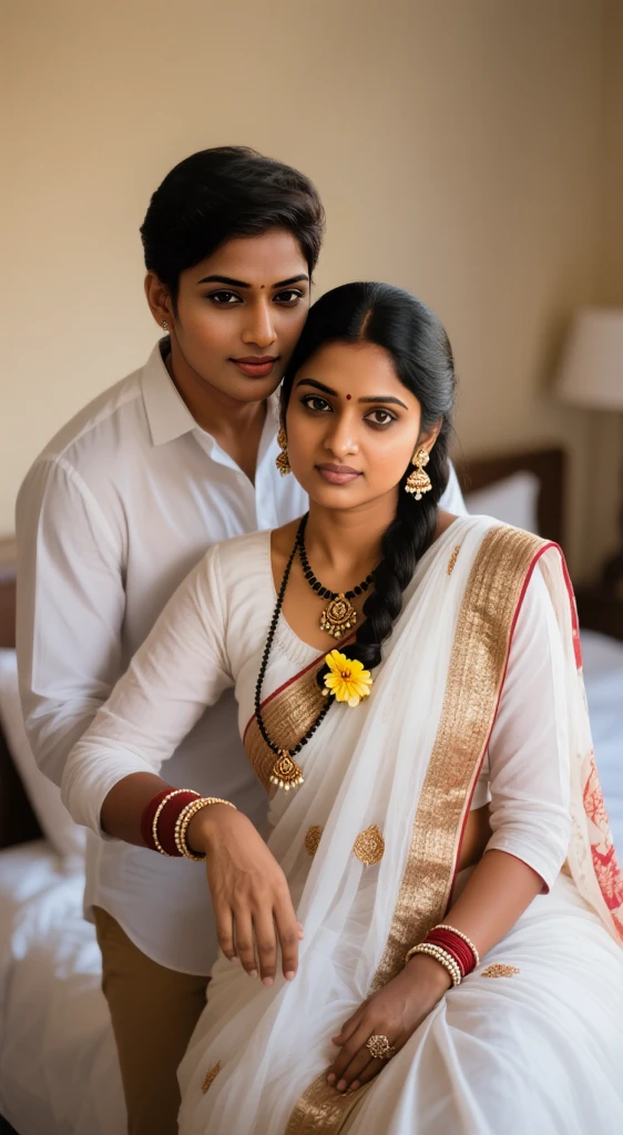 A radiant, full-figured plus sized South Indian 45 year old  bride wearing a off white colour silky saree affectionately standing hugging and kissing a 23 year old man in a bed room, , captured in a full-body image with vibrant hues and meticulous details. Full body image
