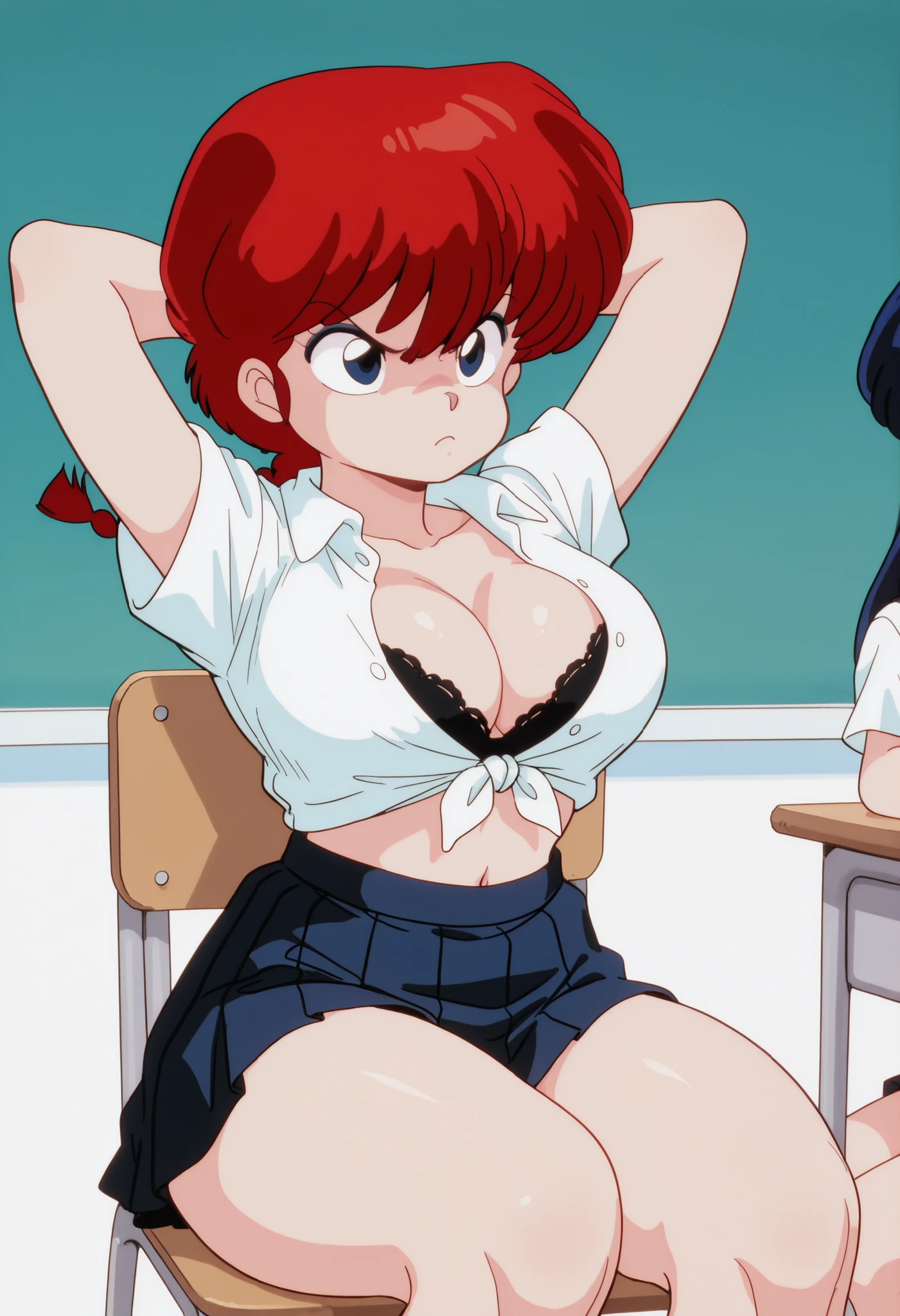 1 girl, Ranma Saotome, cabello rojo, hair with a braid, blue eyes, big breasts, NSFW, sexy hips, sexy waist, miniskirt, schoolgirl's uniform, white shirt with short sleeves and unbuttoned, Japanese school, angry expression, annoyed, closed mouth, detailed image, by day, sexy school uniform, sexy thighs, alone, without people in the background, burting breasts, sitting in a chair, classroom, school chair, Camisa desabotonada, escote profundo, black bra, tied shirt, bare navel, sexy waist, arms behind the head, Talking annoys, open-mouthed