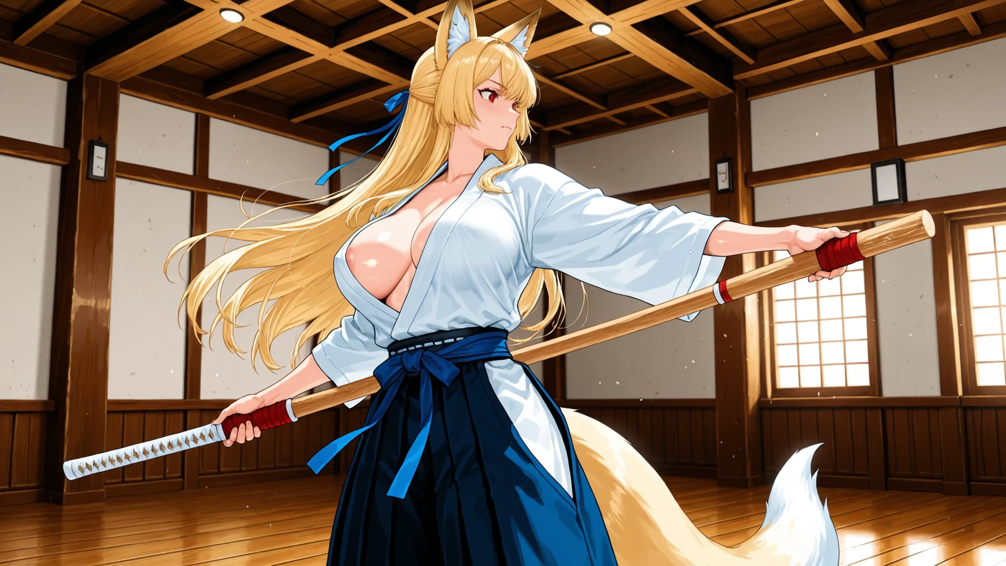 8K (high resolution) (Super Detailed) (masterpiece) (Highest Quality) animation illustration detailed eyes detailed face Delicate hair detailed wrinkles on clothes extremely elaborate body fine skin healthy skin tone with ro in the background solo (fox ears) Blonde (Red eye) small blue ribbon (big boobs) kind expression kendo scene with movement, energetic expression, Perfect wooden sword handling, Beautiful Works , Neat profile , Rin々Standing posture, traditional dojo architecture, Old-fashioned Interior, Martial arts equipment, Soft Light in the Afternoon, mental unity, tense space
