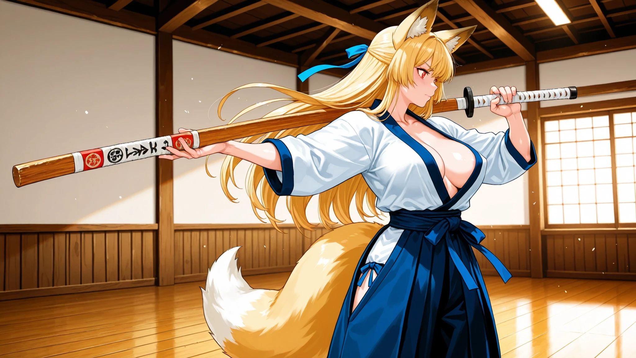 8K (high resolution) (Super Detailed) (masterpiece) (Highest Quality) animation illustration detailed eyes detailed face Delicate hair detailed wrinkles on clothes extremely elaborate body fine skin healthy skin tone with ro in the background solo (fox ears) Blonde (Red eye) small blue ribbon (big boobs) kind expression kendo scene with movement, energetic expression, Perfect wooden sword handling, Beautiful Works , Neat profile , Rin々Standing posture, traditional dojo architecture, Old-fashioned Interior, Martial arts equipment, Soft Light in the Afternoon, mental unity, tense space