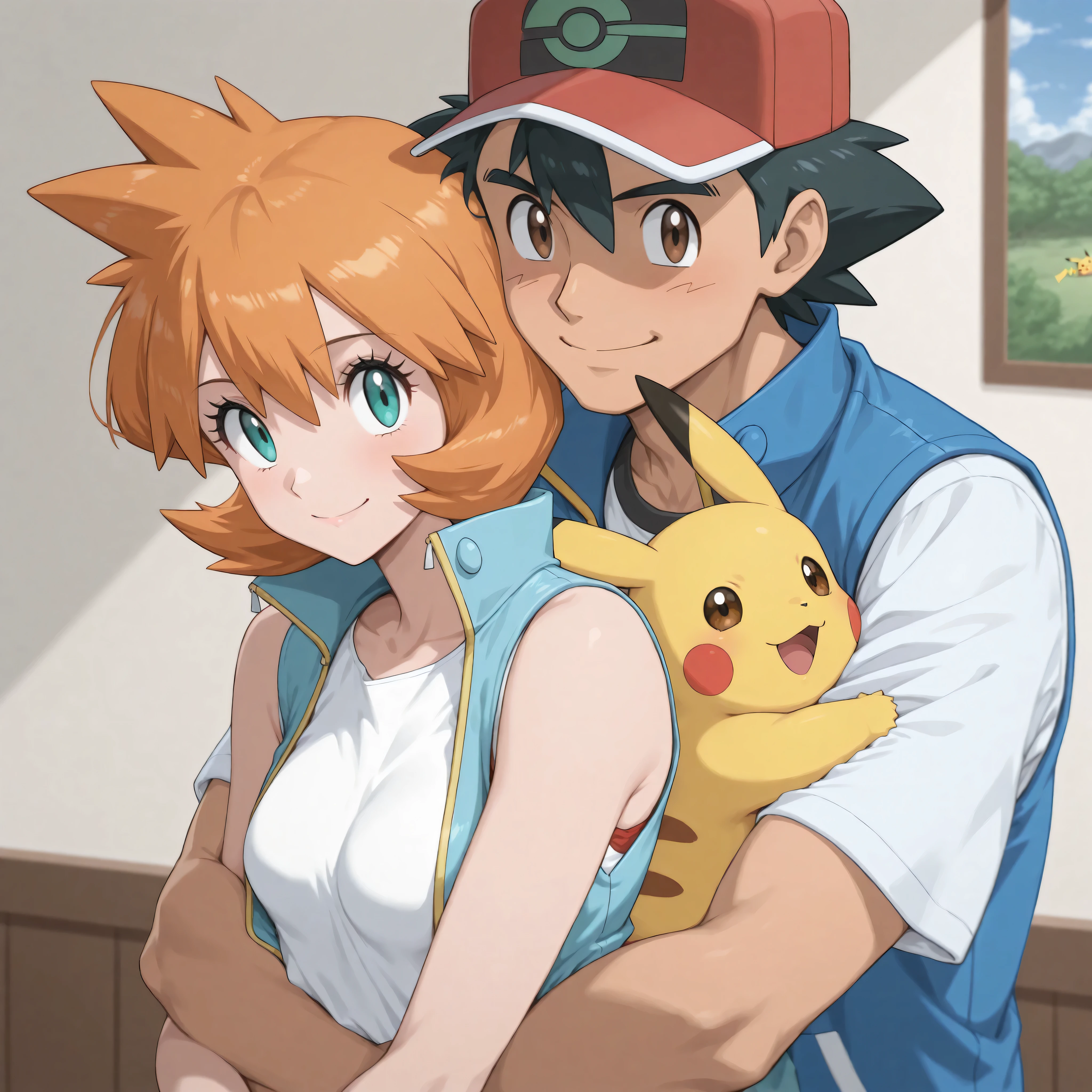together, togetherness, couple, masterpiece, best quality, (couple), hetero, (duo focus), 1man, 1woman, BREAK, 1man, adult, adult male, adult man, aged up, handsome man, good looking man, macho, source_anime, ash ketchum, ashxyz, brown eyes, black hair, hair between eyes, short hair, bangs, red hat, red baseball cap, red headwear, shirt, white shirt, short sleeves, jacket, blue jacket, sleeveless jacket, pokemon (creature), pokemon (creature), pikachu, pikachu (pokemon), BREAK, 1woman, misty, misty_pokemon, misty pokemon, 1girl, Misty_G2, aqua eyes, Orange hair, Short hair, small breasts, eyelashes, smile, smiling, grinning, highres, misty \(pokemon\), hugging, embracing, woman hugging man from behind, looking at viewer,