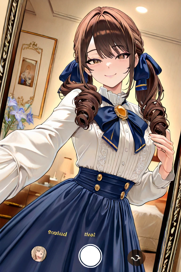 One girl, Long Hair, Brown Hair, (Center Parting), Navy blue dress