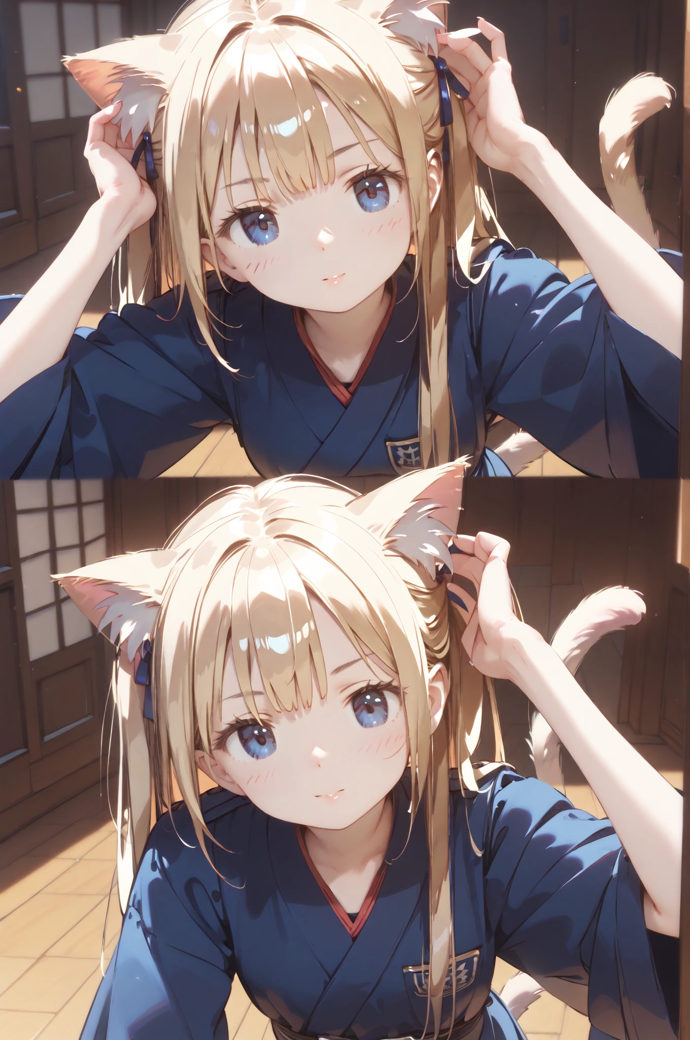 with a very detailed face, beautiful eyes, Long Lashes, Detailed Facial Features,masterpiece, Highest Quality, 4K, 8k, high resolution, super detailed, HDR, 超high resolution, Ultra Precise Painting , clear focus, extreme detailed explanation, anime style,source animation ,shiny skin 、Kendo Hall、In the dojo
Little girl、young、flat chest、pretty face、Cat ears、cat tail、Blonde、Blue Eyes、Kendo uniform、Kendo Armor、lifts a kendo face above her head:1.8、tilt one's head、 wrinkles between eyebrows、Puzzled、