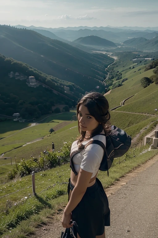 (()), Beautiful girl, body models, freckles on the face, world_green_eyes, , big earrings, T-shirt, skirt with black tights, Fabric shoes, whole body, shot from below, Very white skin , very long hair, Wavy hair, worldлые волосы, Ancient ruins, photorealistic, indirect worlding, volumetric world, ray tracing, Super detailed, Best quality, ultra high resolution, HDR, 8K