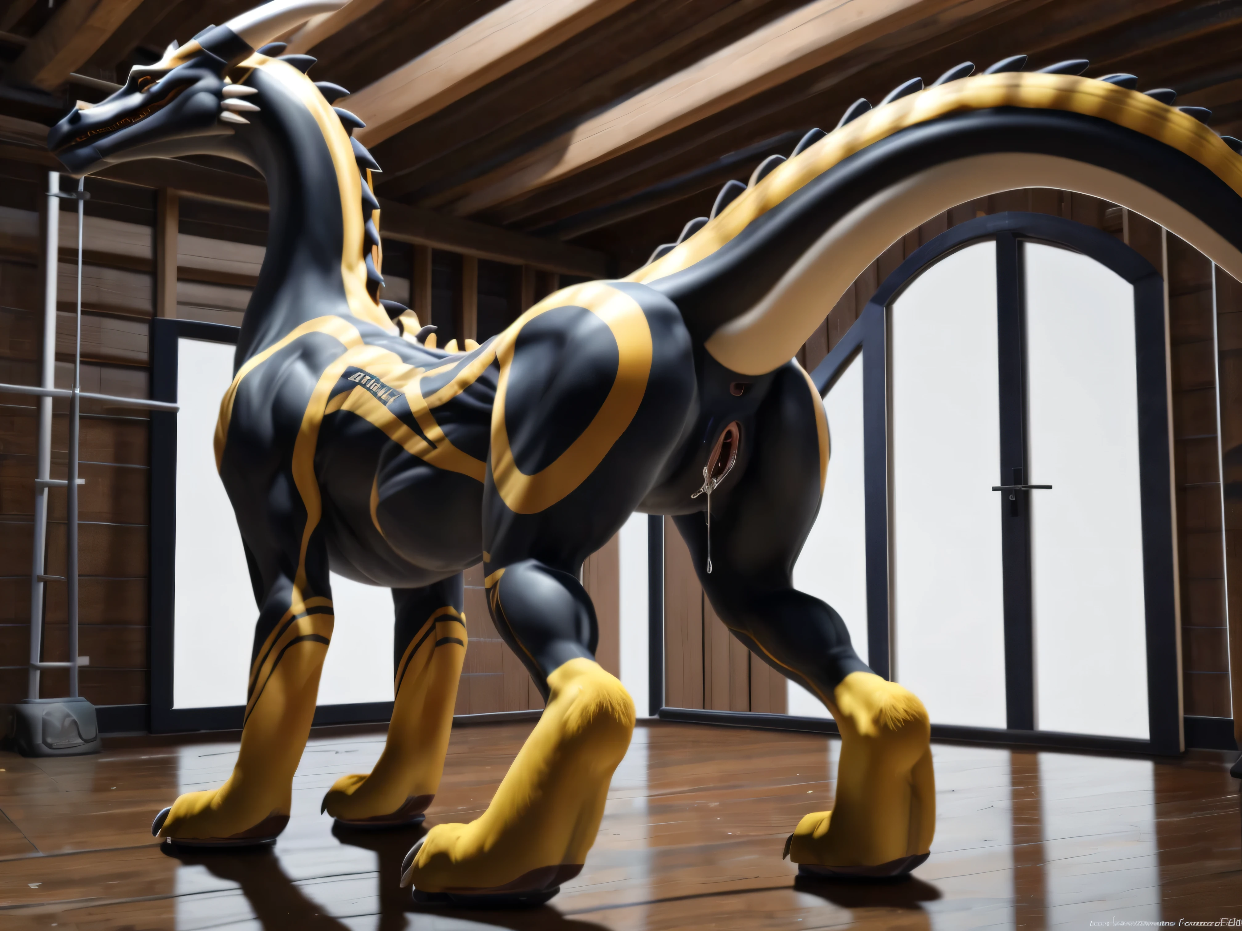 Dragon Booster Beau, female feral solo , highest quality, extremely detailed, 4k, full body, masterpiece, detailed face, perfect genitals, dynamic pose, Beau standing on 4 legs, butt facing to viewer, blushing, wet pussy, looking at viewer seductive, raised tail, rear pointing at viewer, extreme detailed pussy, wet pussy, dripping wet pussy, realistic, detailed background, inside old shed, shaded, detailed, hi res, realistic, photography, Dragon booster beau female, wide Body, wide hips, anatomic correct, golden pussy, muscular Body, wide tights,