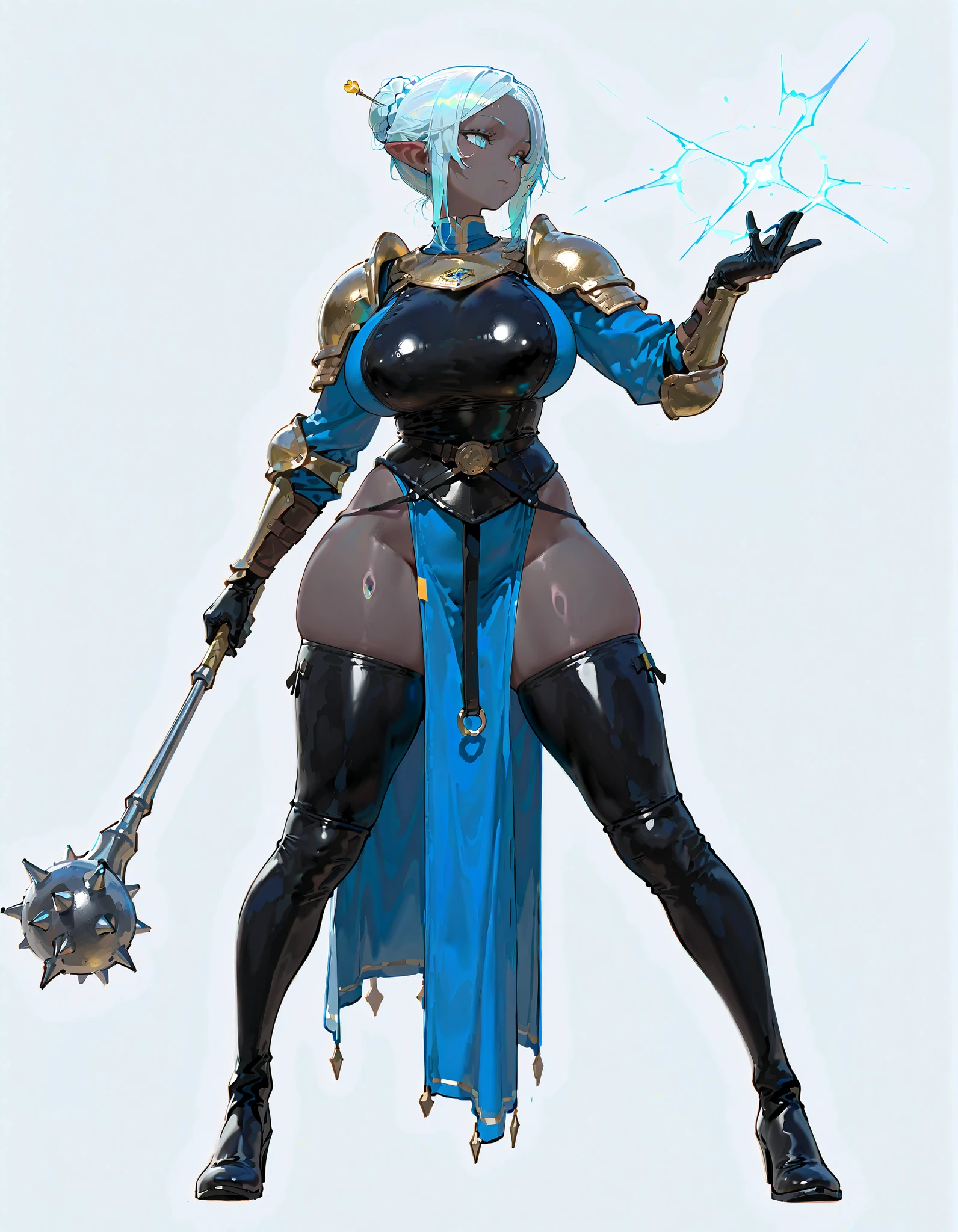 (((masterpiece))) , (((Best Quality))) , ((Ultra-detailed)) , (High Definition anime Illustration) , ((extremely delicate and beautiful)) , solo , Full body , fantasy race, dark elf cleric lady , pale black skin , turquoise eyes , pale blue hair , single hair bun, black pupils , metal cleric armor , ((held huge mace))(spell bounding posing)), (supernatural lightning), very confident,(Super huge big breasts),(breast enlargement)(huge hips)(thick legs)(Character Focus),highly detailed, Colorful, highest details, wildly dressed, full body standing, Digital Painting, 8K High Resolution, trend art station, Whole body, (((white background)))(dungeons and dragons)