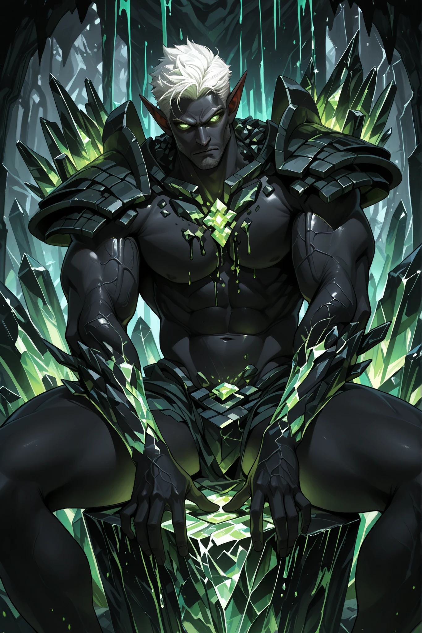Masterpiece, best quality, absurdres, newest, perfect quality, best quality, absolutely eye-catching, detailed background, intricate detail, source oil paint, BREAK, 1boy, Solo, Male Focus, Mature Male, Looking At Viewer, Tall, Muscular, Statuesque Angular Build, (((Obsidian-Black Skin))) Glowing Emerald Veins, Green Crystallized Arms, Long Neat White Hair, Glowing Emerald Eyes. Natural Black & Emerald Green Crystallized Armour, Bulky Spiky Crystal Shoulder Pads, Sharp elongated elf-like ears, Legs Spread, Setting: Crystal Cave 
