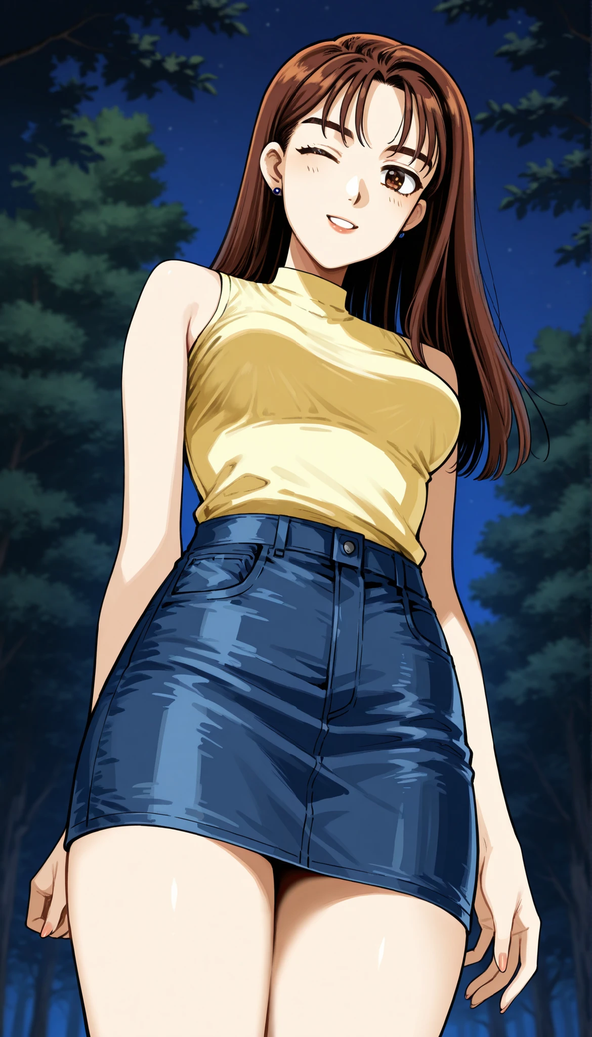 (((Mako))),(((cute))),dark brown hair,long hair, Denim tight skirt, yellow tank top, medium breasts,Wink,night forest,((low angle)),Ulchan-6500-v1.1, ( RAW photos :1.2),  beautiful detailed , very detailedな目、beautiful eyes, beautiful eyes、 Brown eyes, file size is large, High Resolution, very detailed, Top Quality, [masterpiece:1.6], Awareness-raising, very detailed, CG, finely, Top Quality, 8K wallpaper, Perfect Body 、dynamic,very detailed,thin and beautiful thighs