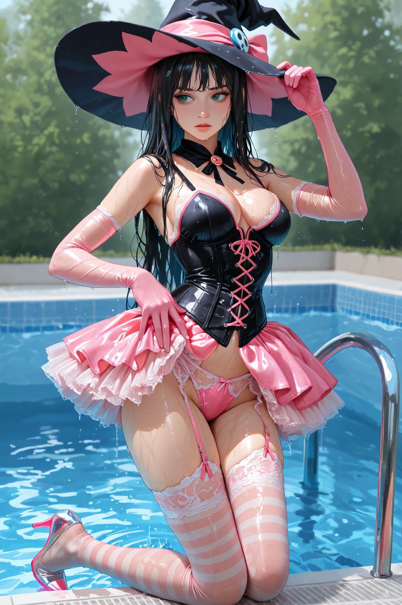 (condom belt:1.5), (thigh strap:1.0), standing, 1girl, front-tie top, coat, bra, lace trim, side-tie panties, exhibitionism, outdoors, condom in mouth, closed mouth,