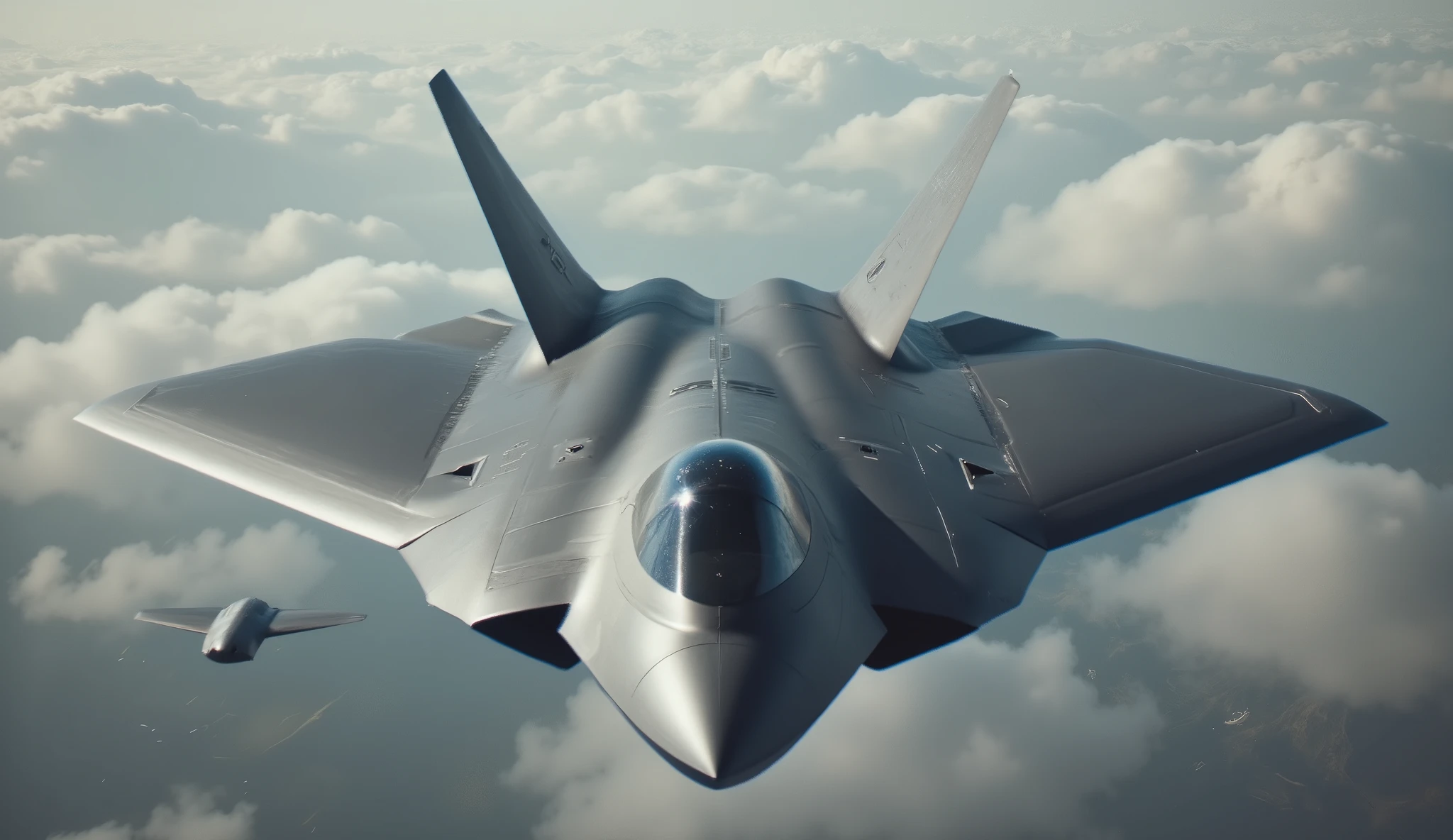 masterpiece, Highest Quality,(6th generation stealth fighter:1.5),Dark Silver,Around、and countless autonomous drones are swarming,( There is no vertical tail :2.0),( Flat aircraft like a manta ray without a vertical tail :1.5),( There are multiple drones :1.5),(The surface of the aircraft is smooth and no seams are visible:1.5), Two-engine aircraft with no vertical tail ,Futuristic form,(The cockpit is small :1.5),( There is no vertical tail :1.5).F-47-like form,(diamond-shaped flat large fighter-bomber:1.5),(A very flat, dish-like aircraft:1.5),