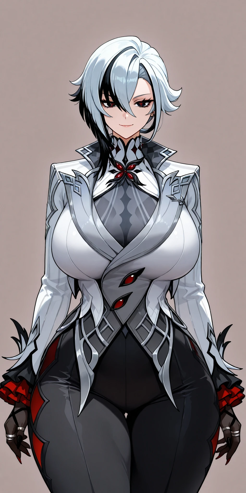 1Woman, Arlecchino from genshin impact, big chest, wide waist, milf, Enormous thighs, wide hips, Smirking hands on waist, Voluptuous, huge body, simple background