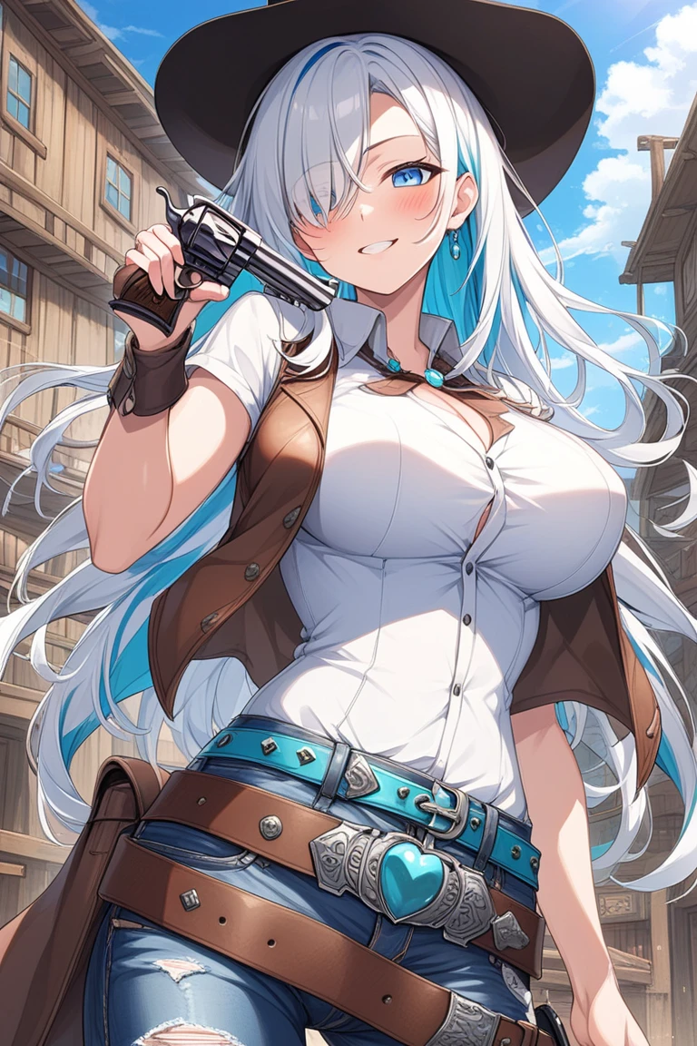 safe, masterpiece, best quality, 1girl, indiana, face scar, cowgirl, blue cape, shawl, tassels, cowboy hat, chaps, crotchless bottomwear, hotpants, cutoffs, fingerless gloves, bra, cleavage, under boob, belt buckle
 <lora:Indiana_NAIXL_v11:1>