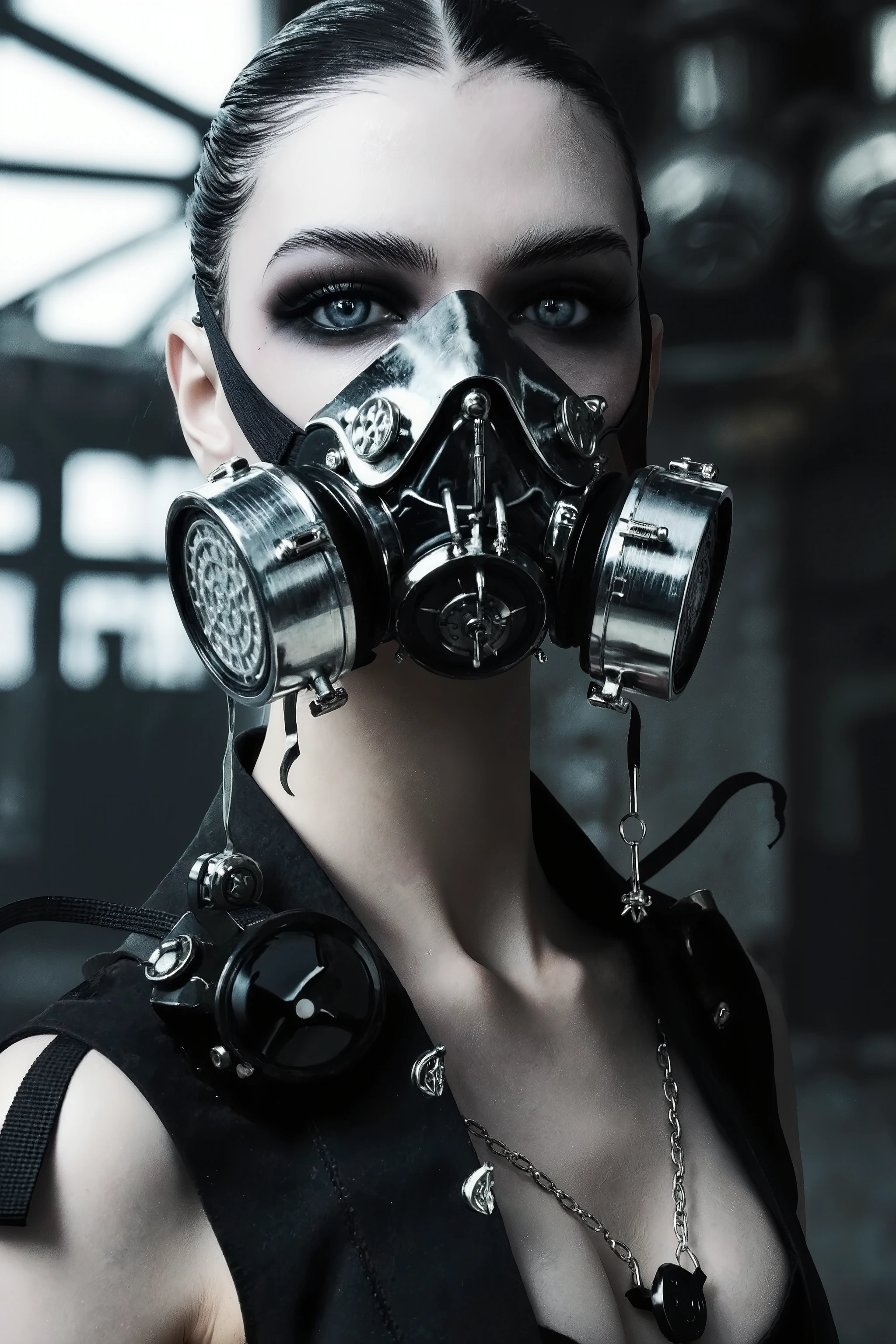 1 girl,wearing goth respirator,