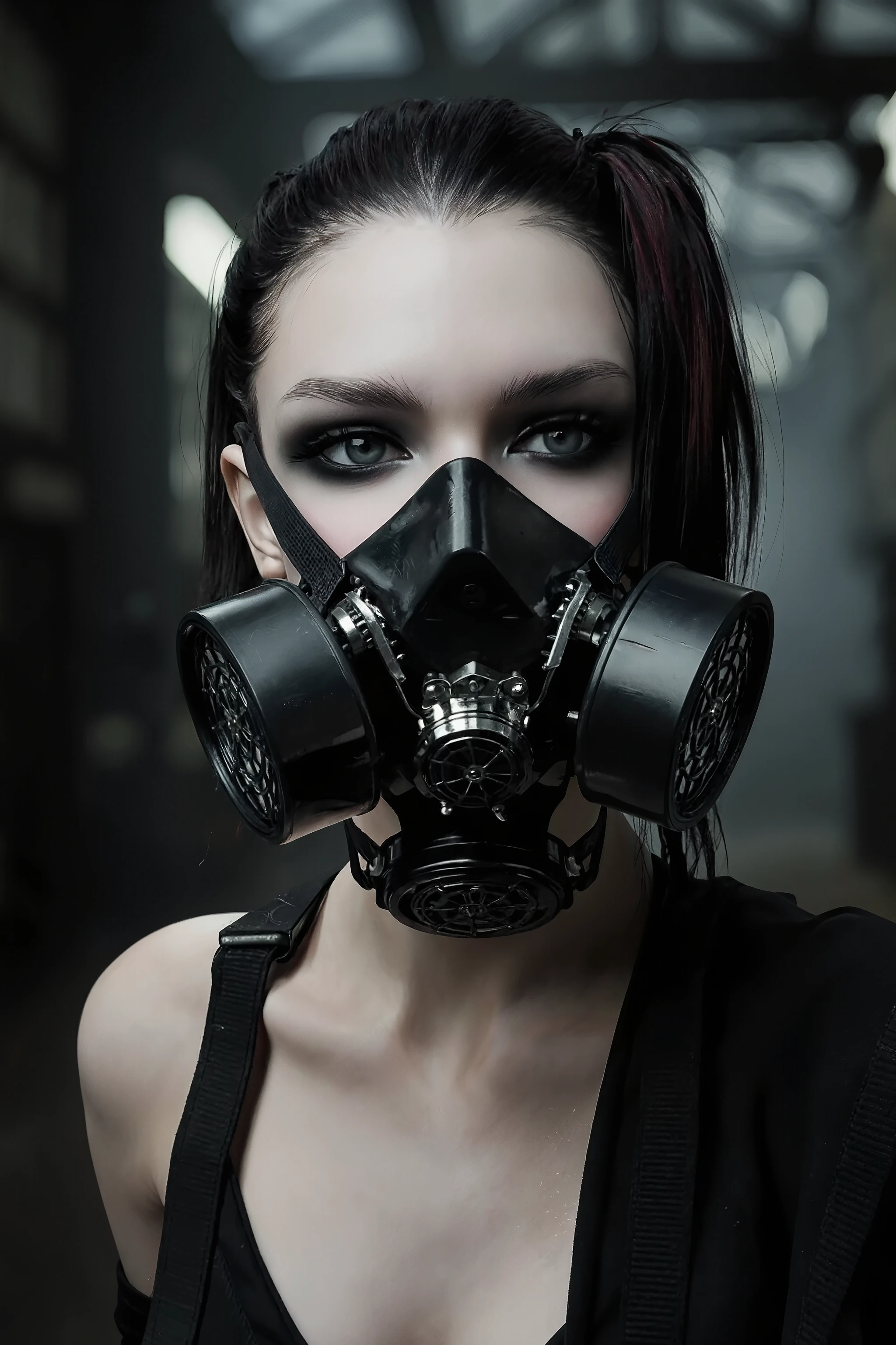 1 girl,wearing goth respirator,