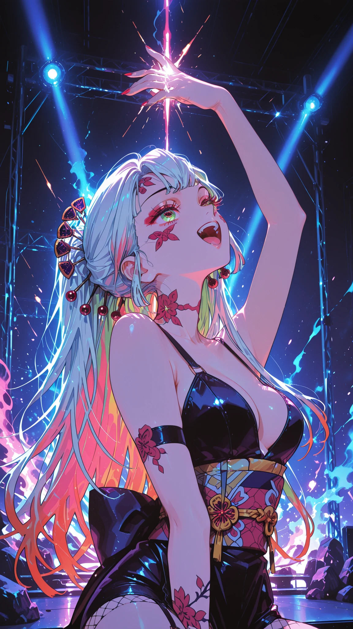 Daki from Demon Slayer, singing on stage, solo idol, rock and sexy outfit, leather, chains, fishnet, glamorous and edgy,demon woman, demon, long hair, white hair, green eyes, face markings, hair accessories, obi and kimono motifs in rock style, dynamic singing pose, vibrant stage lights, smoke and sparks, energetic atmosphere, captivating expression, highly detailed, long eyelashes, (Sensual eyes, feature double highlights), (beautiful background:1.2), (perfect details:1.1), (highly detailed CG), (beautiful detailed eyes:1.2), 8k, UHD, masterpiece, (high quality), best quality, absurdres, ultra detailed