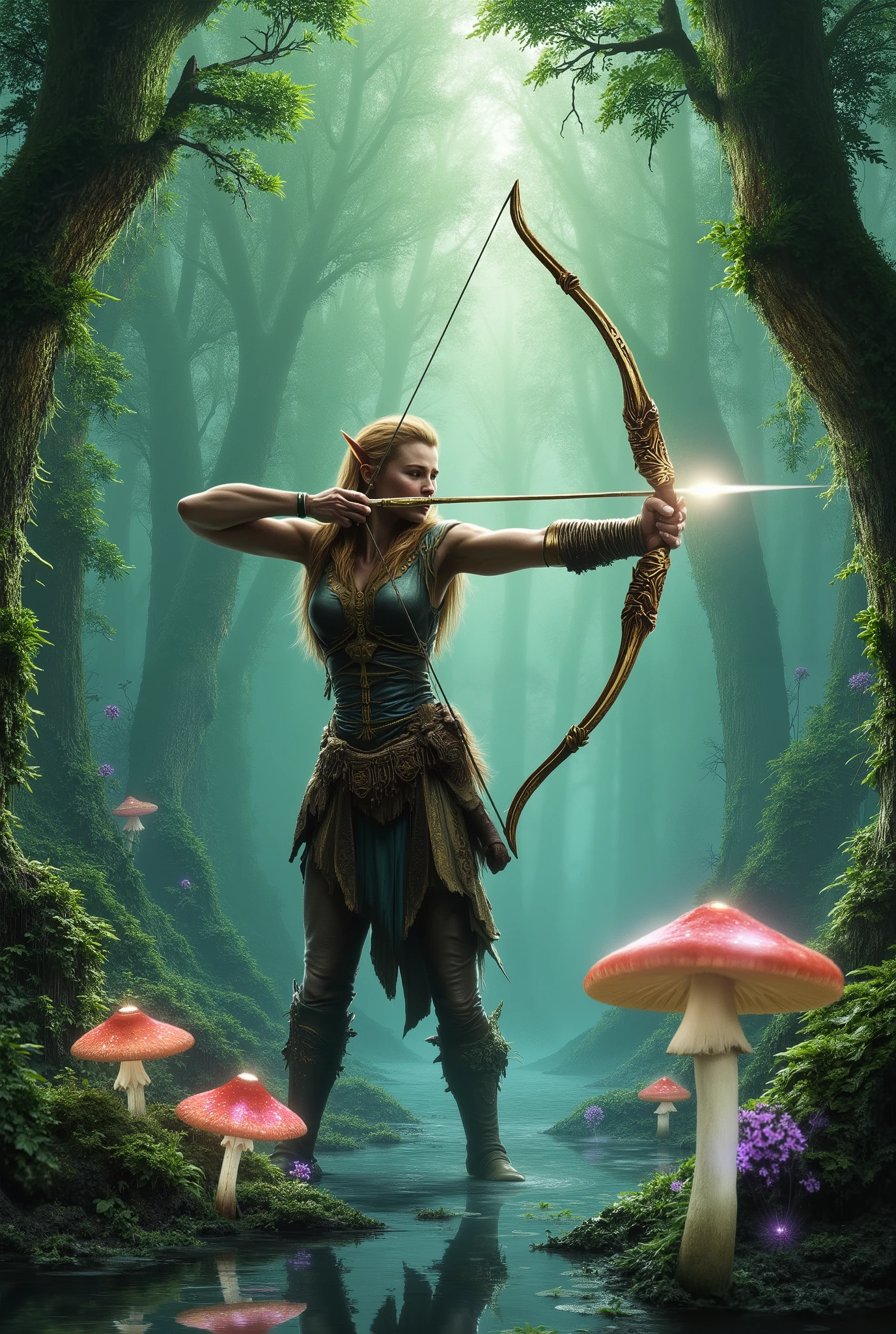 elf archer with a powerful mystical magic bow in a swamp colored by mushrooms and life.