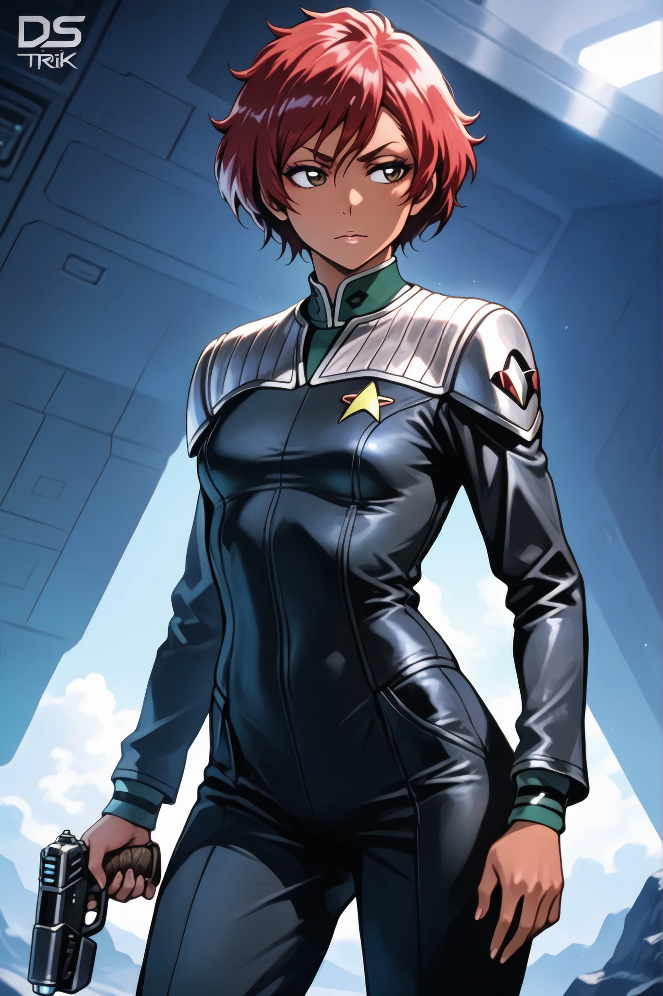 Masterpiece, highly detailed, beautiful woman, tall,  character, Star Trek (human female) Beautiful Asian Woman, Michiko Nishiwaki, short red hair, symmetrical bangs, makeup, small breasts, tanned skin,ds9st,black and grey star trek uniform,grey shoulders, green neck,green strip at wrist,black jumpsuit,long black sleeves,black pants, sci-fi  chest and shoulder armor, holding a phaser, alien landscape, Bleach art style