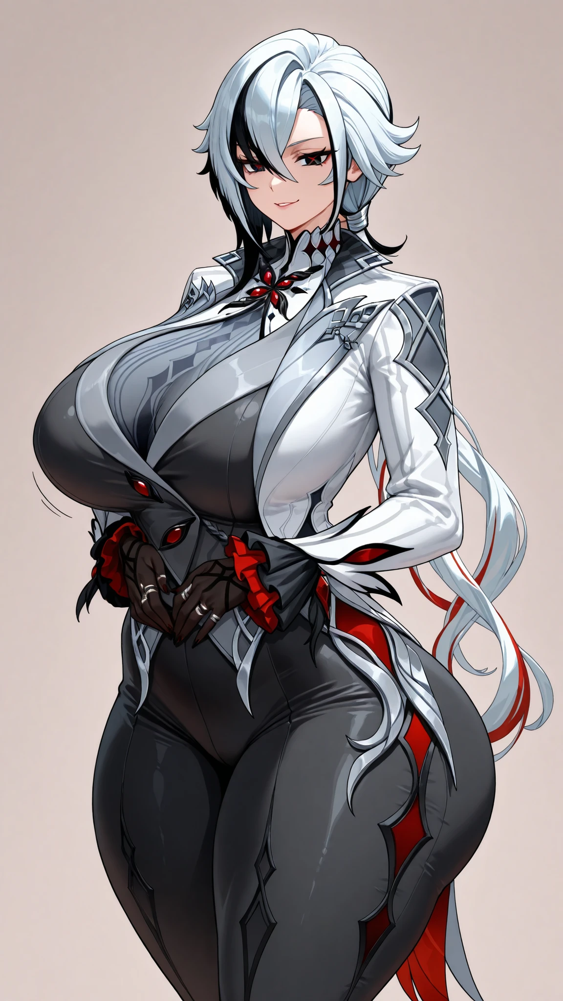 1Woman, Arlecchino from genshin impact, big chest, wide waist, milf, Enormous thighs, wide hips, Smirking hands on waist, Voluptuous, huge body, simple background, Massive breasts, massive hips, big ass