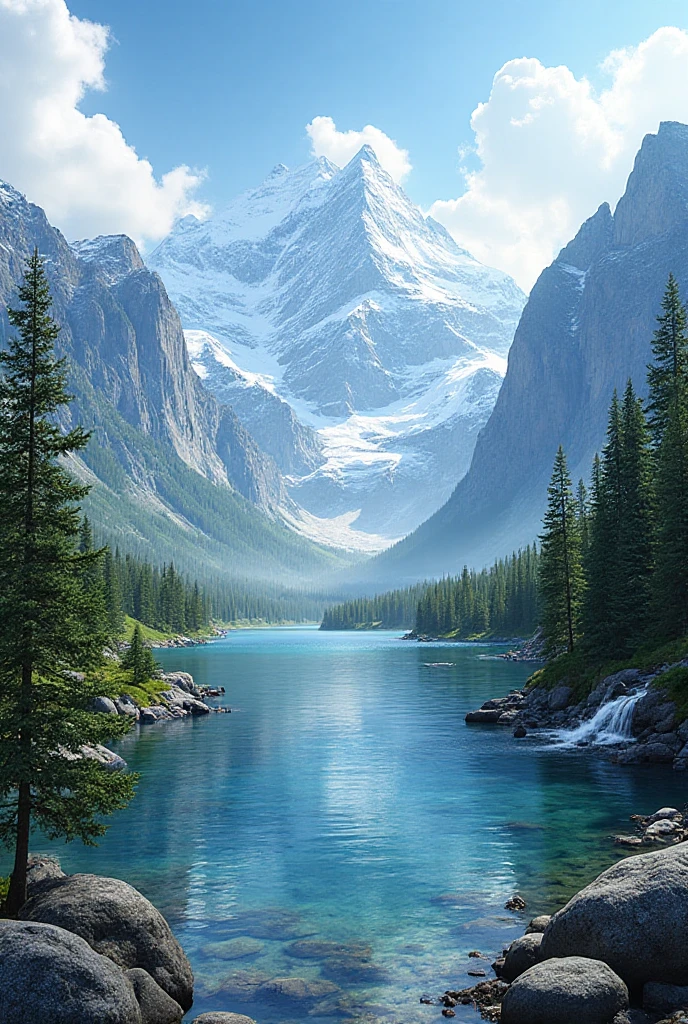 A stunning view of tall snow-covered mountains, a clear lake reflecting the blue sky, green pine trees spread over the slopes, white clouds dancing in the sky, a small waterfall flowing between the rocks