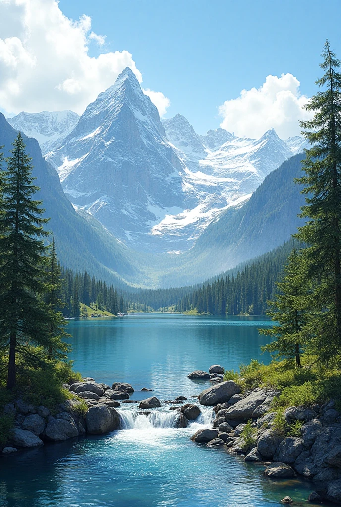 A stunning view of tall snow-covered mountains, a clear lake reflecting the blue sky, green pine trees spread over the slopes, white clouds dancing in the sky, a small waterfall flowing between the rocks