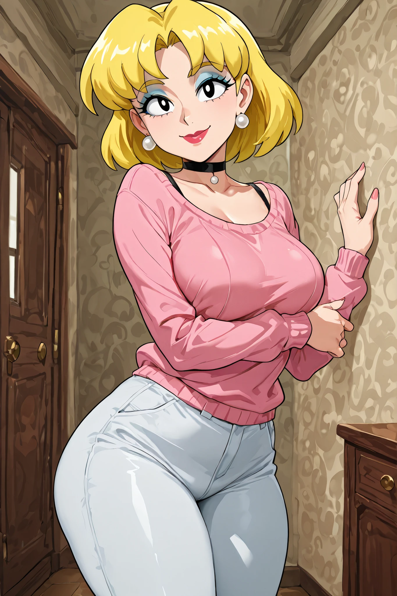 Lori Loud. medium breasts, huge hips, blonde hair, black eyes, blue eyeshadow, pearl earrings, white earrings. choker.| 1girl,solo,mm,mature female, earrings,lipstick,anime coloring, pink sweater,pants,looking at viewer, smile,indoors,masterpiece,best quality,amazing quality,