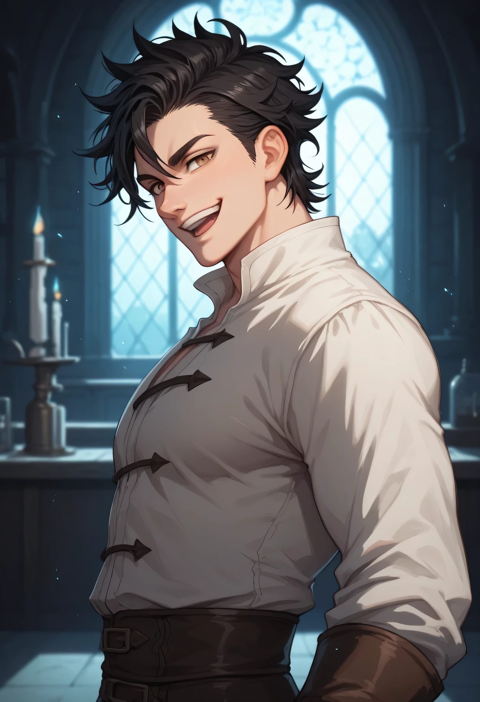 black hair, man, light brown eyes, white skin, strong, medieval shirt, focus on the character, inside a potions laboratory, smiling, messy hair, looking at the viewer, anime style, athletic, open arms, gloomy mood, dark environment, magical energy, side view, Dark magic, solo