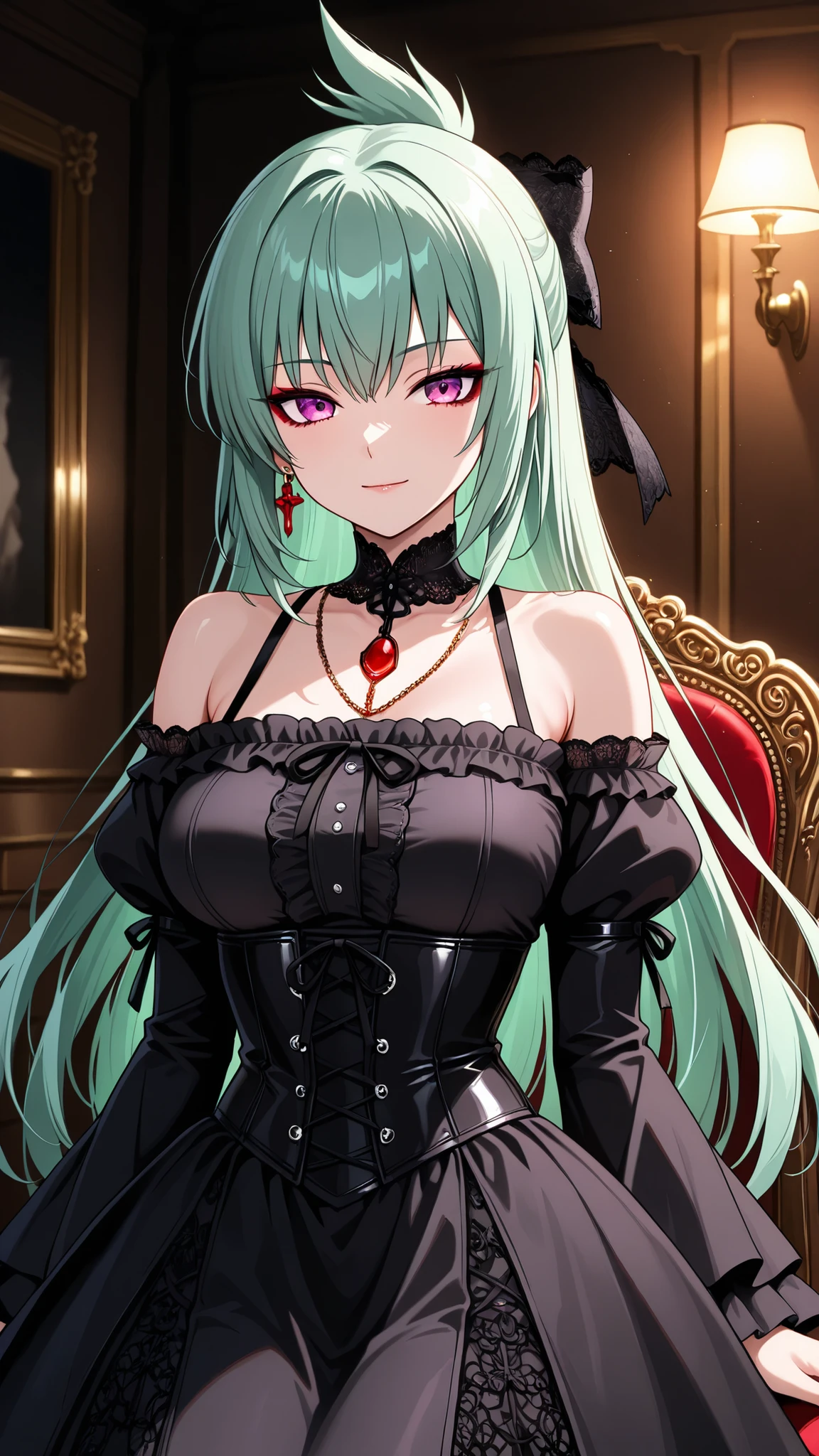 solo, kanzaki_saya,  long hair, green hair, mature woman, Tight waist、Small waist、shiny Skin ,  (upper body), light smile,  wearing a dark gothic lolita outfit, featuring a black and deep purple corset dress with intricate lace and frills, off-shoulder sleeves with delicate black lace trim, adorned with red gemstone cross necklaces and earrings, with a large black lace ribbon, intense purple eyes with subtle dark makeup, sitting on an ornate vintage chair in a dimly lit gothic room, highly detailed, anime style, dramatic lighting, studio lighting, ultra-detailed, masterpiece, illustration,