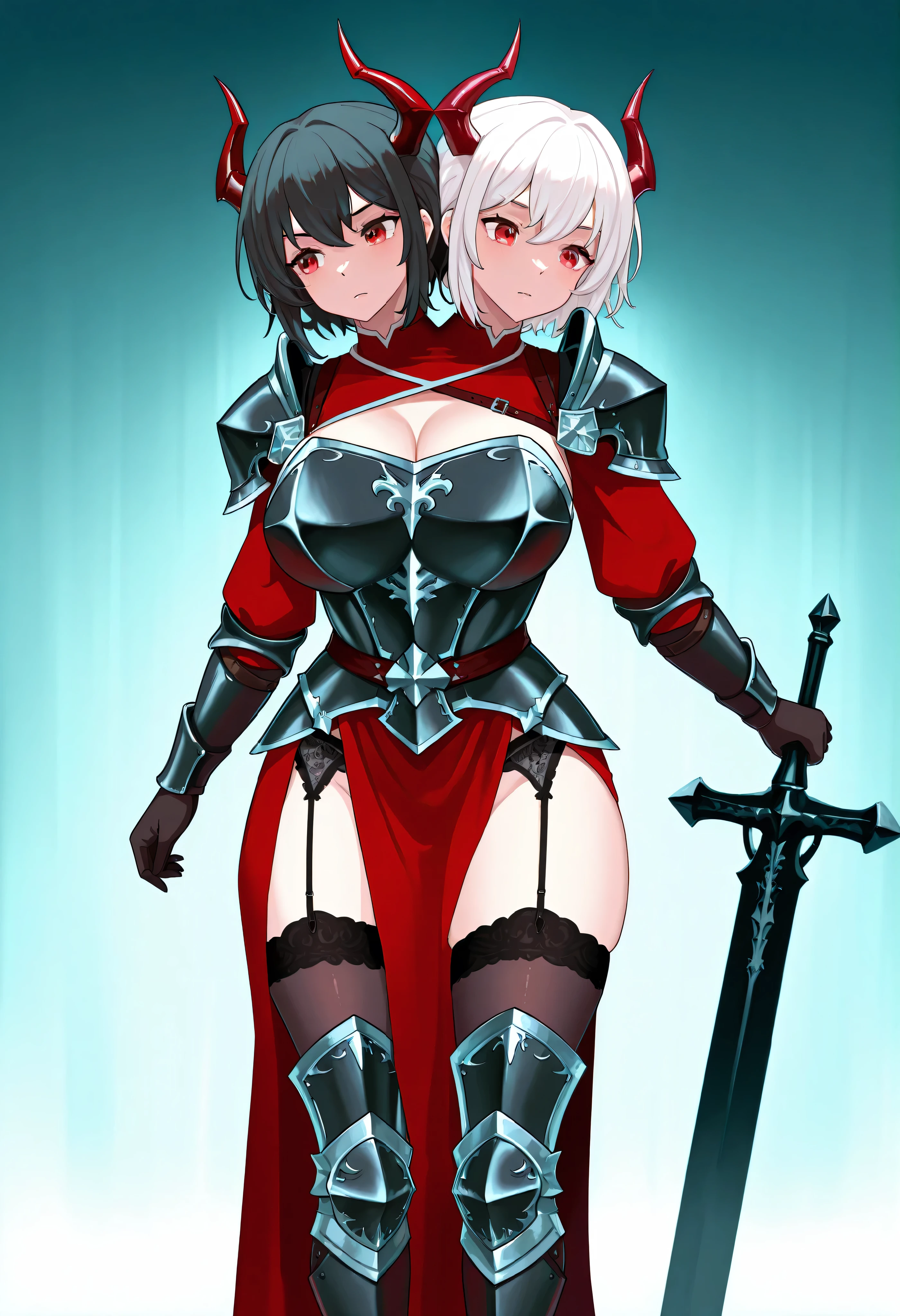 conjoined, 2girls, 2heads, two heads, a tall thin girls with 2 heads, white hair, black hair, red eyes, devil horns, chest armor, armor dress, dark red dress, black armor, dark red pelvic curtain, female knight, front shots, thighs, large breasts, black Garter Belt, black stockings, knee armor, black great sword