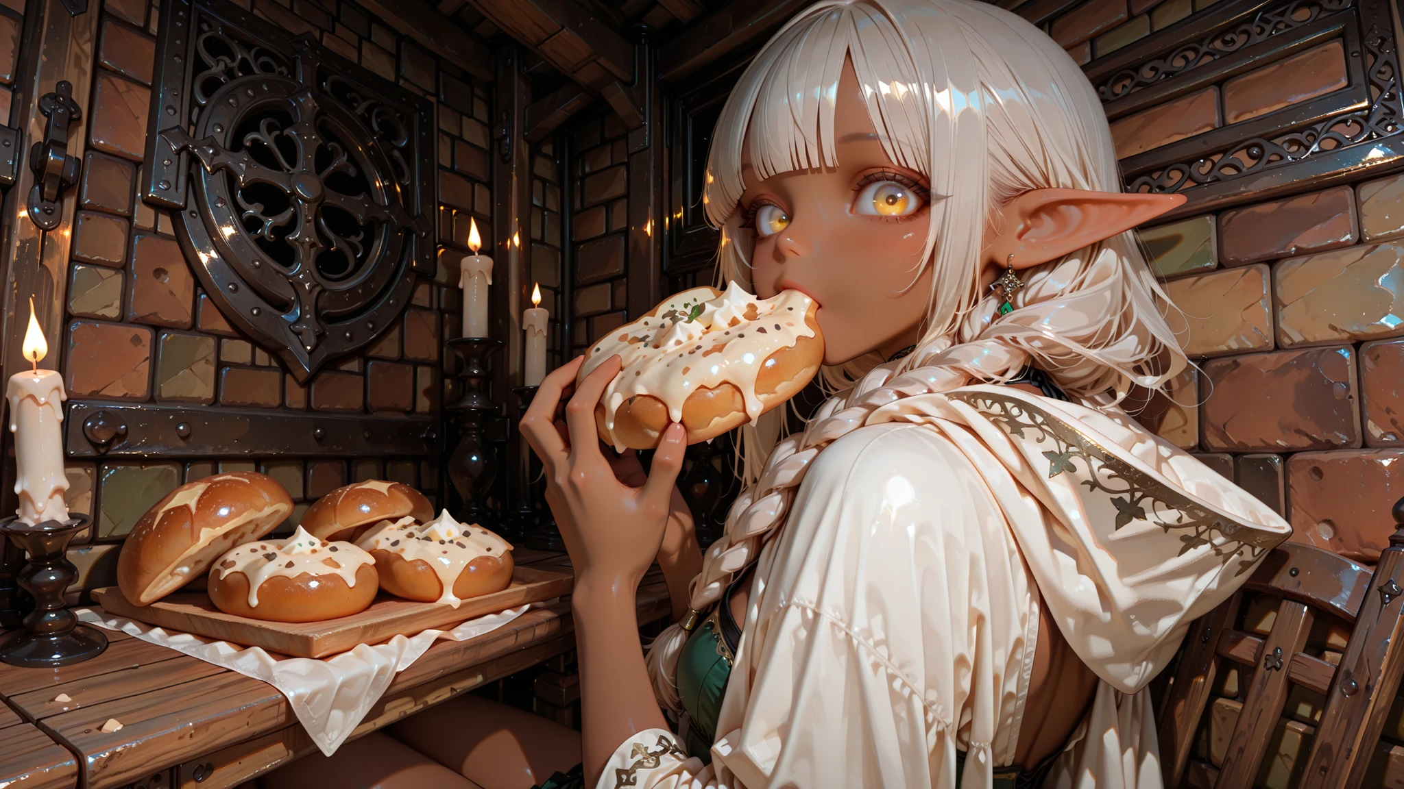 score_9, (masterpiece, best quality),8k, 1 girl,solo, 18 years old,young girl,cute,kawaii,bishojo, (big eyes:1.2), eyes detail, blunt bangs, silver hair with a big braid draped over shoulder, yellow eyes, elf ears,no visible nostril,brown skin,small body,tiny,small , upper body only,
BREAK
(fantasy medieval tavern:1.2), sitting at a wooden table, brick wall, dim candle light, soft background blur, rustic textures, cozy interior, (back view angle turning around:1.3), surprised expression, eyes wide open, slightly parted lips, biting bread, holding half-eaten bread with both hands, small crumbs near mouth
BREAK
(ornate eastern green outfit:1.1), (simple tattered white cloak), jewelry and sheer fabric veils, soft candle light casting warm glow, natural pose, hair and cloak swaying gently as if just turned, startled but charming