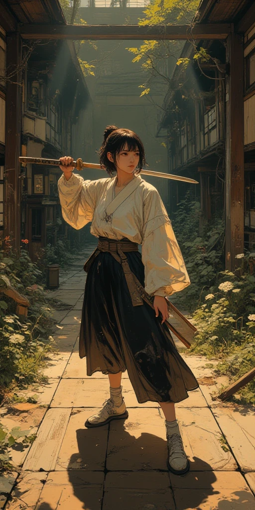 there is a digital painting of a woman in a skirt and shirt, artwork in the style of guweiz, inspired by Goyō Hashiguchi, character painting, unrealistic character concept, she is holding a katana sword, character concept portrait of me, inspired by Clarice Beckett, inspired by Ruth Jên, character illustration