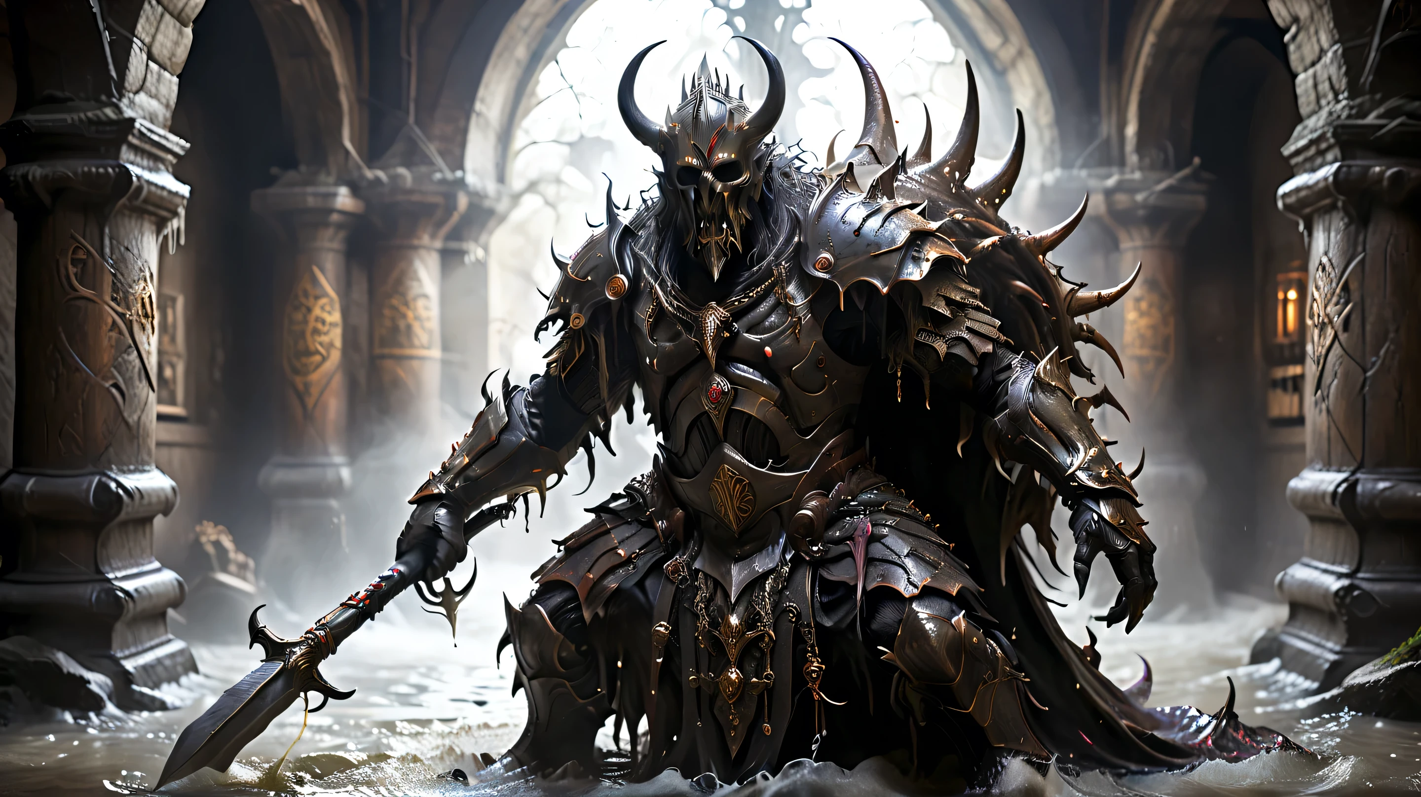 Horizontal view of a dark warrior in ritual armor, forged from black metal and decorated with profane beer symbols. Your armor It has pipes and valves that pump a dark, viscous liquid throughout its body. In one hand holds a halberd with a barrel at the tip, in the other erect a Old ice overflowing with dark beer that forms tentacles in the air. Its helmet has horns made of twisted copper pipes and its cover is made of live black hops. It is positioned in an old fermentation room, where centuries-old barrels are guarded by statues of faceless monks. The floor is covered with barley that grows in spiral patterns, and the walls are decorated with stained glass windows that show ancient brewing rituals