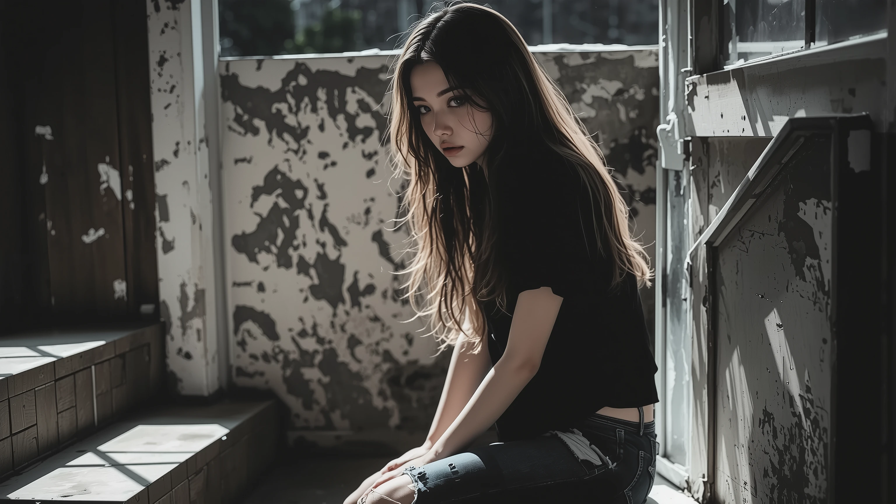 one woman、solo、best quality, perfect depiction, dark corner shot, black long sleeve top with open shoulders, Stylish Damaged Denim, sitting and leaning against the wall,Boundary of Darkness, The Formative Beauty of Shadows, tense air, monochrome color, Artistic Shadows