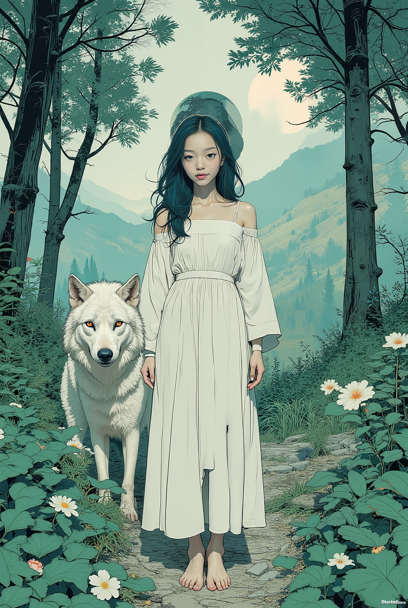 Pattern, S1n0z1ck style, anatomically accurate, (masterpiece, Highest Quality, Ultra-detailed line art, high resolutionのイラスト), Vector Art, vector illustration,
Beautiful girl, standing barefoot in a lush green forest at dawn, protective and calm presence, full body shot,
gentle dawn light shining through between, long, loose hair flowing naturally,
white wolf standing on the side, 新緑に囲まれた,
Early morning light, Soft Mist, tree々wearing a simple white dress,
gentle expression, Serene atmosphere,
realistic line drawing style, ultra-fine inkline surrounded by fresh greenery, elegant,
Subtle Shading, natural and vivid green tone, artistic composition,
high resolution, 8k, Cinematic, poetic and refreshing mood