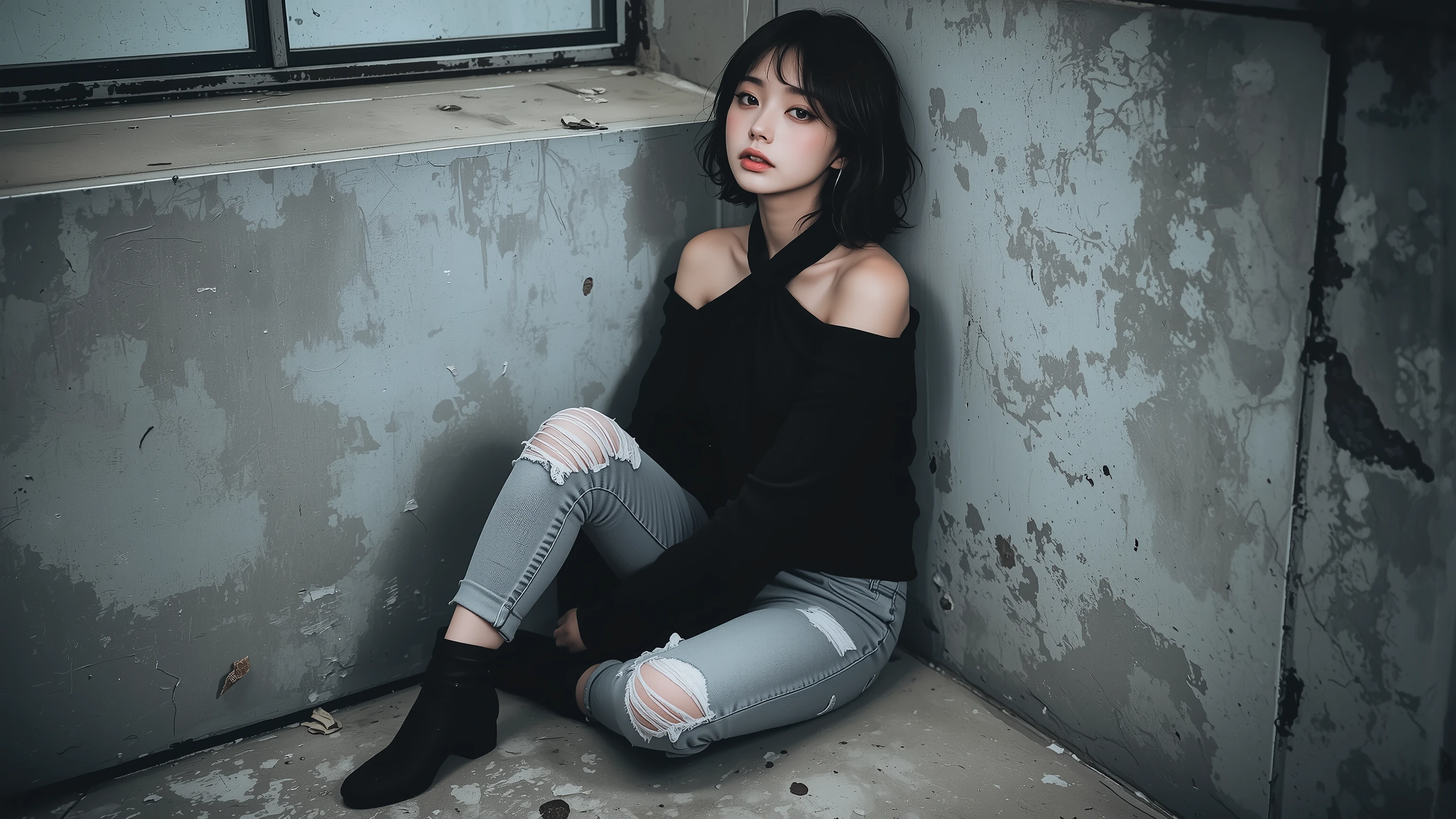 one woman、solo、best quality, perfect depiction, dark corner shot, black long sleeve top with open shoulders, Stylish Damaged Denim, sitting and leaning against the wall,Boundary of Darkness, The Formative Beauty of Shadows, tense air, monochrome color, Artistic Shadows