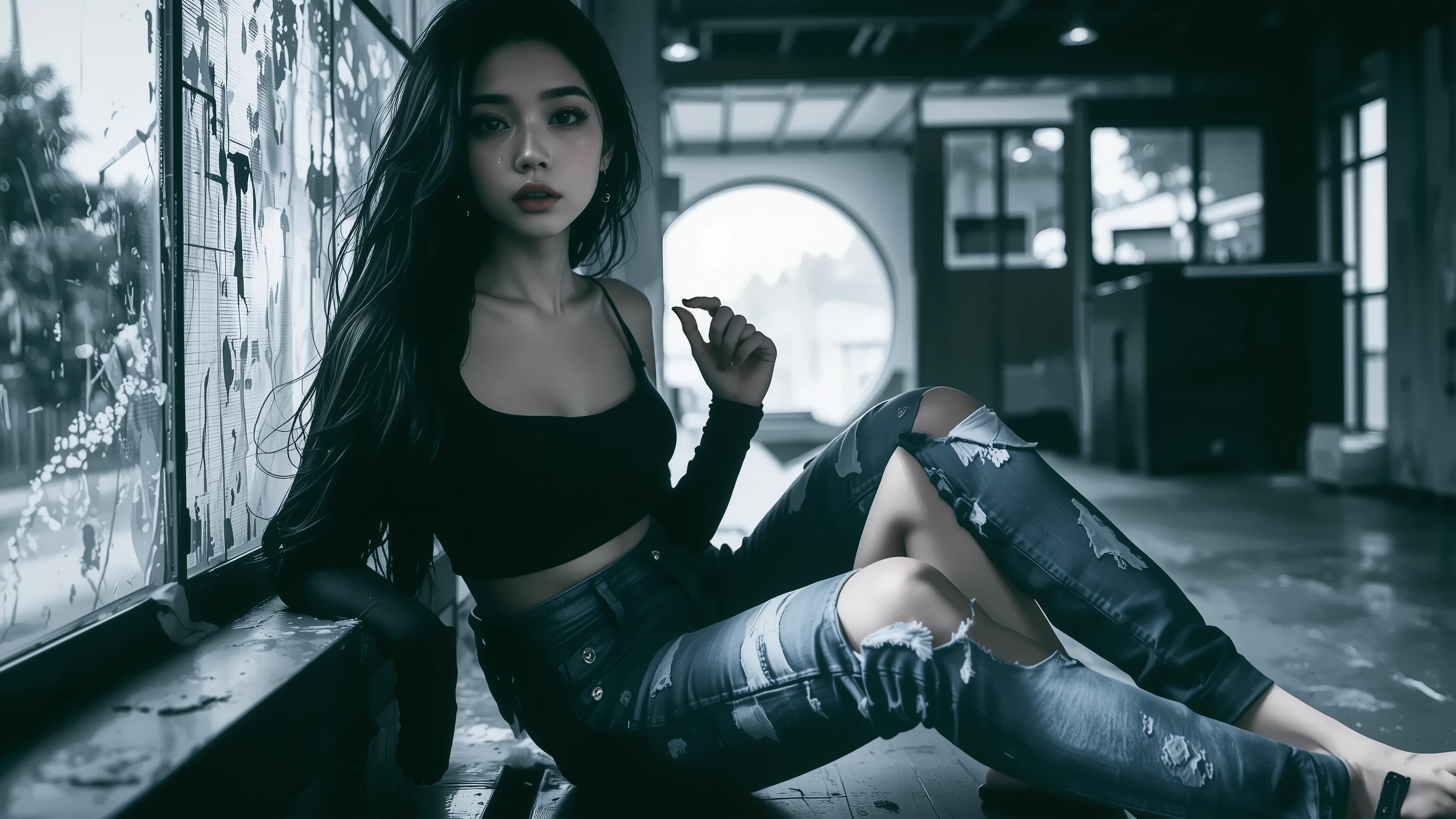 one woman、solo、best quality, perfect depiction, dark corner shot, black long sleeve top with open shoulders, Stylish Damaged Denim, sitting and leaning against the wall,Boundary of Darkness, The Formative Beauty of Shadows, tense air, monochrome color, Artistic Shadows