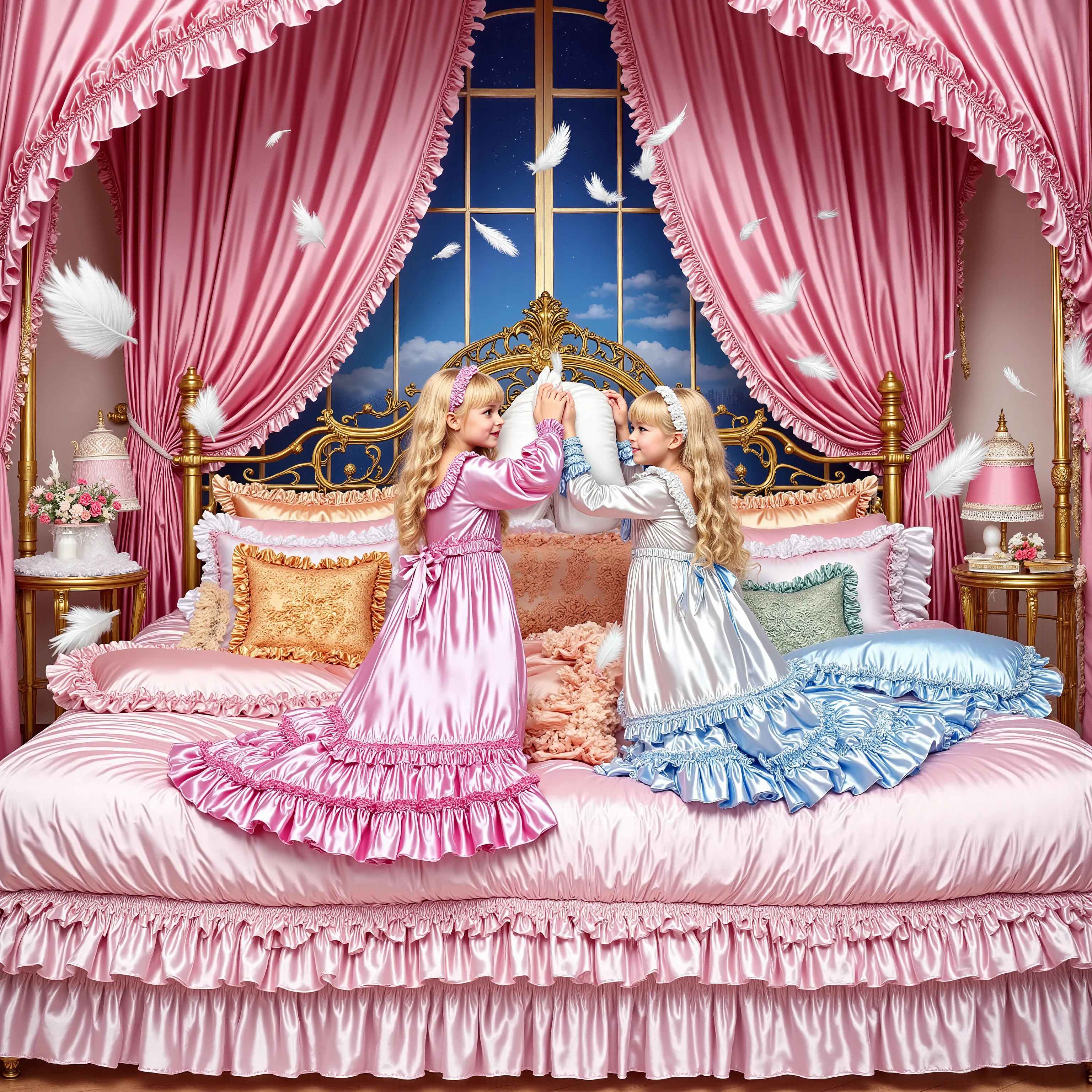 realistic,Highest Quality, masterpiece, highest resolution, art work, super get used to it, many Become familiar with, Become familiar with, get used to it,change,Before going to bed, ,little girl, happy,smile,on the bed,((大きなon the bedのかわいい女の子)),((Childhood )), ((little girls Pillow Fighting on the bed,Pillow Fight,colorful ruffled silk satin pillows with ruffles and ribbons:1.2)),((lots of white feathers dancing,detailed realistic micro feather:2.0)),((10 years old)),European,((long blonde hair:1.0)),(((I have colorful nightgowns with lots of ruffles and ribbons,1920s style Victorian nightgown:1.2))),((frill nightcap with ribbon)),((detailed yoke color with frills and ribbons,detailed ruffle placket:1.0)),((long sleeve,puff sleeve with ribbon,Ruffle sleeves)),((ruffle long skirt up to the ankle:1.0)),((the whole body is shown)),(of the goddess),(Night in the bedroom ),detailed night view and the moon in the window,Before going to bed, white ruffle socks,((Distant view,カラフルなフリル枕がたくさんあるbig bed,luxurious pink canopy bed , ,four-poster canopy bed,King Size Bed,big bed,colorful silk satin ruffle pillow,More pillows:1.0)), Soft and smooth comforter,pink silk satin sheets,round plump comforter,Ruffled lace silk.retro white pipe bed frame, realistic,((Out of frame bigger King Size Bed:1.2)), Frilled Drapes ,
