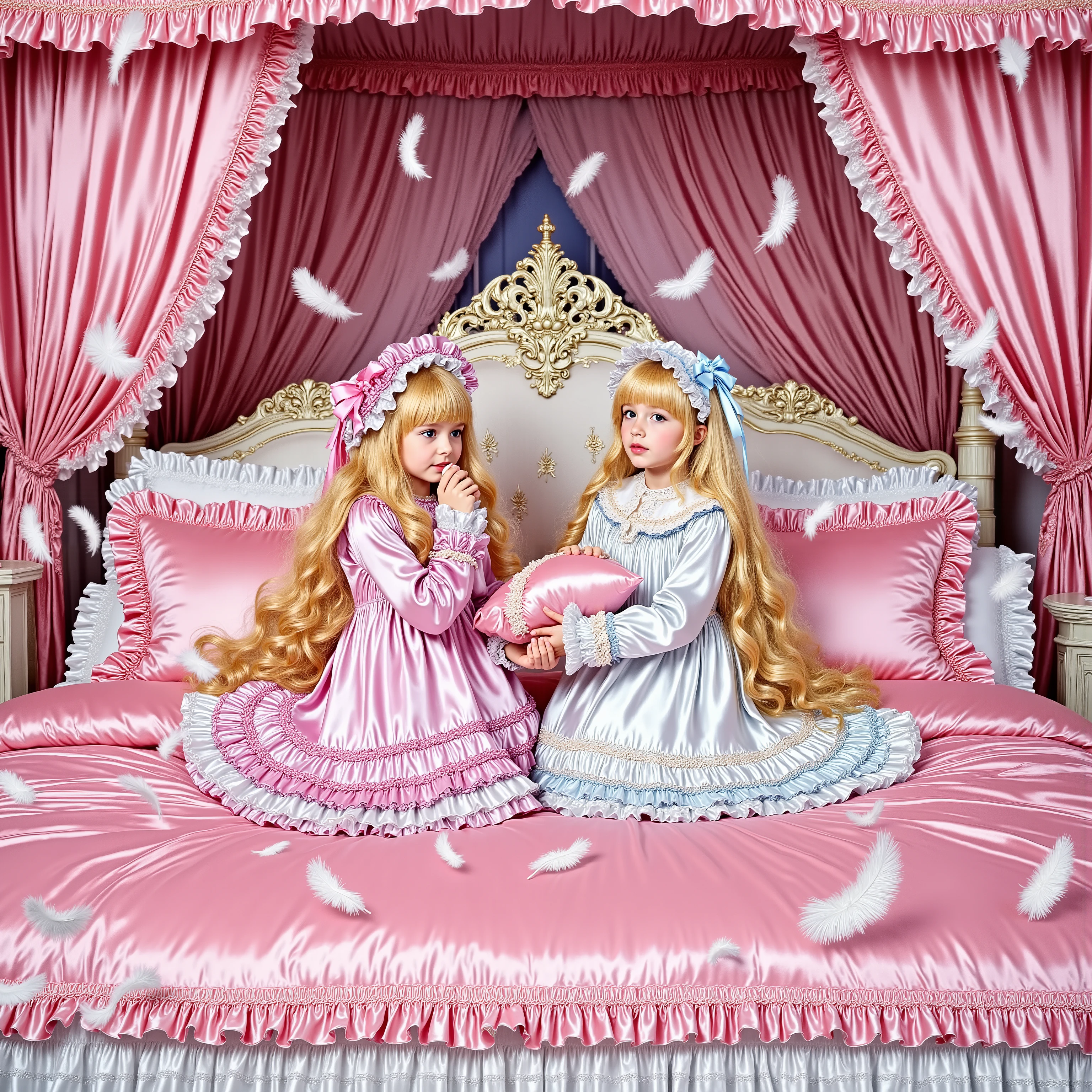 realistic,Highest Quality, masterpiece, highest resolution, art work, super get used to it, many Become familiar with, Become familiar with, get used to it,change,Before going to bed, ,little girl, happy,smile,on the bed,((大きなon the bedのかわいい女の子)),((Childhood )), ((little girls Pillow Fighting on the bed,Pillow Fight,colorful ruffled silk satin pillows with ruffles and ribbons:1.2)),((lots of white feathers dancing,detailed realistic micro feather:2.0)),((10 years old)),European,((long blonde hair:1.0)),(((I have colorful nightgowns with lots of ruffles and ribbons,1920s style Victorian nightgown:1.2))),((frill nightcap with ribbon)),((detailed yoke color with frills and ribbons,detailed ruffle placket:1.0)),((long sleeve,puff sleeve with ribbon,Ruffle sleeves)),((ruffle long skirt up to the ankle:1.0)),((the whole body is shown)),(of the goddess),(Night in the bedroom ),detailed night view and the moon in the window,Before going to bed, white ruffle socks,((Distant view,カラフルなフリル枕がたくさんあるbig bed,luxurious pink canopy bed , ,four-poster canopy bed,King Size Bed,big bed,colorful silk satin ruffle pillow,More pillows:1.0)), Soft and smooth comforter,pink silk satin sheets,round plump comforter,Ruffled lace silk.retro white pipe bed frame, realistic,((Out of frame bigger King Size Bed:1.2)), Frilled Drapes ,
