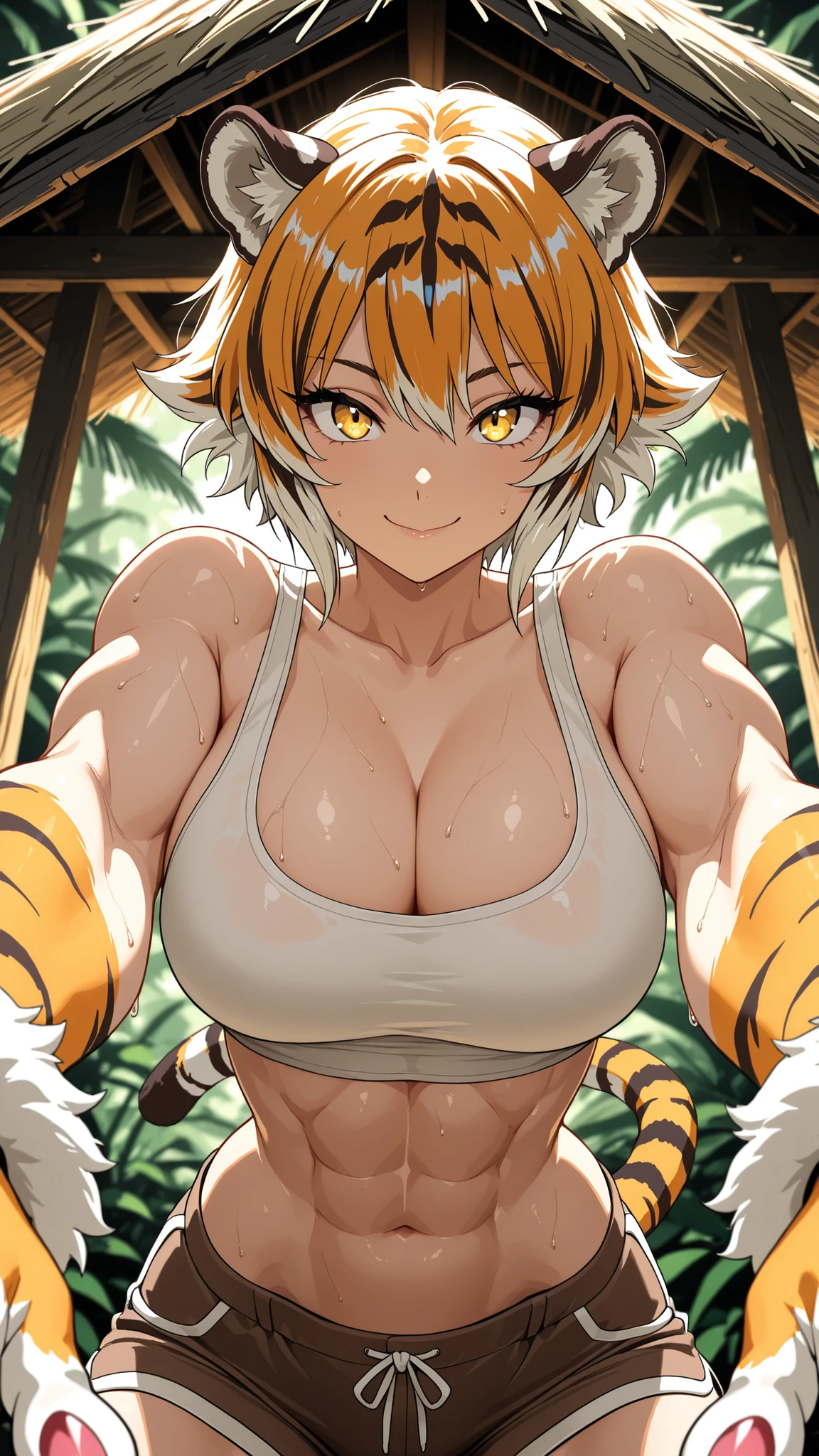 masterpiece, ultra-HD, high detail, best quality, 8k, best quality, ergonomic, depth of field, (anime coloring), refined, detailed, (dynamic pose), dynamic composition, dynamic angle, foreshortening, solo, female, short hair, yellow eyes, tiger girl, tiger ears, hut, tiger tail:0.3, furred hands, beast hands, midriff, toned, shorts:0.1, light skin, close up, furred arms, very large breasts, curvaceous, upper body close up, tight waist, girly, cutesy, beautiful, warm light, facing viewer, cleavage, large claws, toned, long eyelashes, muscular, extremely tall, jungle hut, comfortable, relaxed pose, broad shoulders, playful smile, outdoors, laidback, colourful, perspective, breast sweat, seductive
